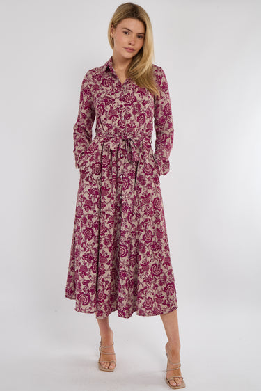 Berry Floral Paisley Print Long Sleeve Maxi Shirt Dress