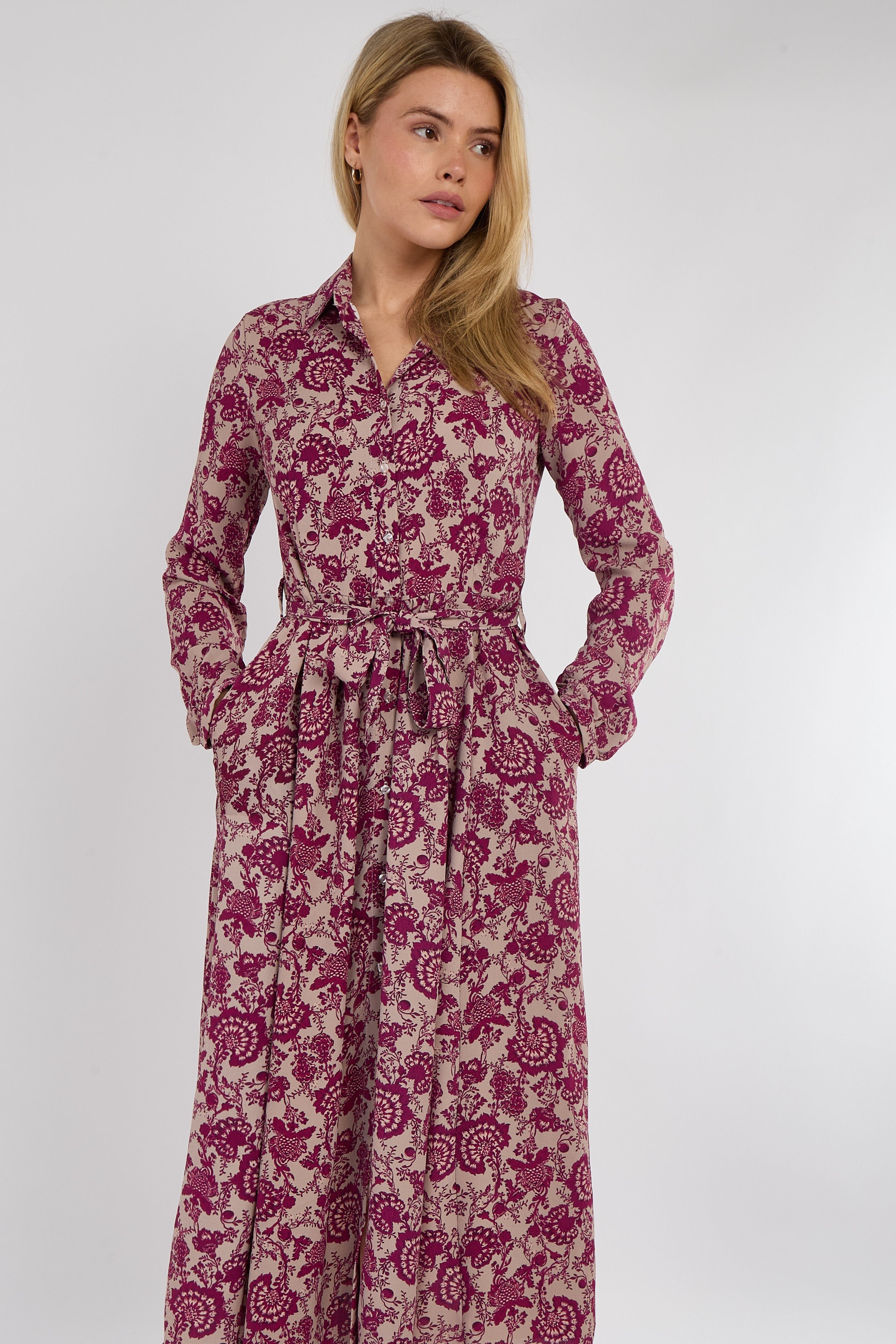 Berry Floral Paisley Print Long Sleeve Maxi Shirt Dress