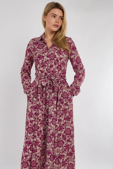 Berry Floral Paisley Print Long Sleeve Maxi Shirt Dress