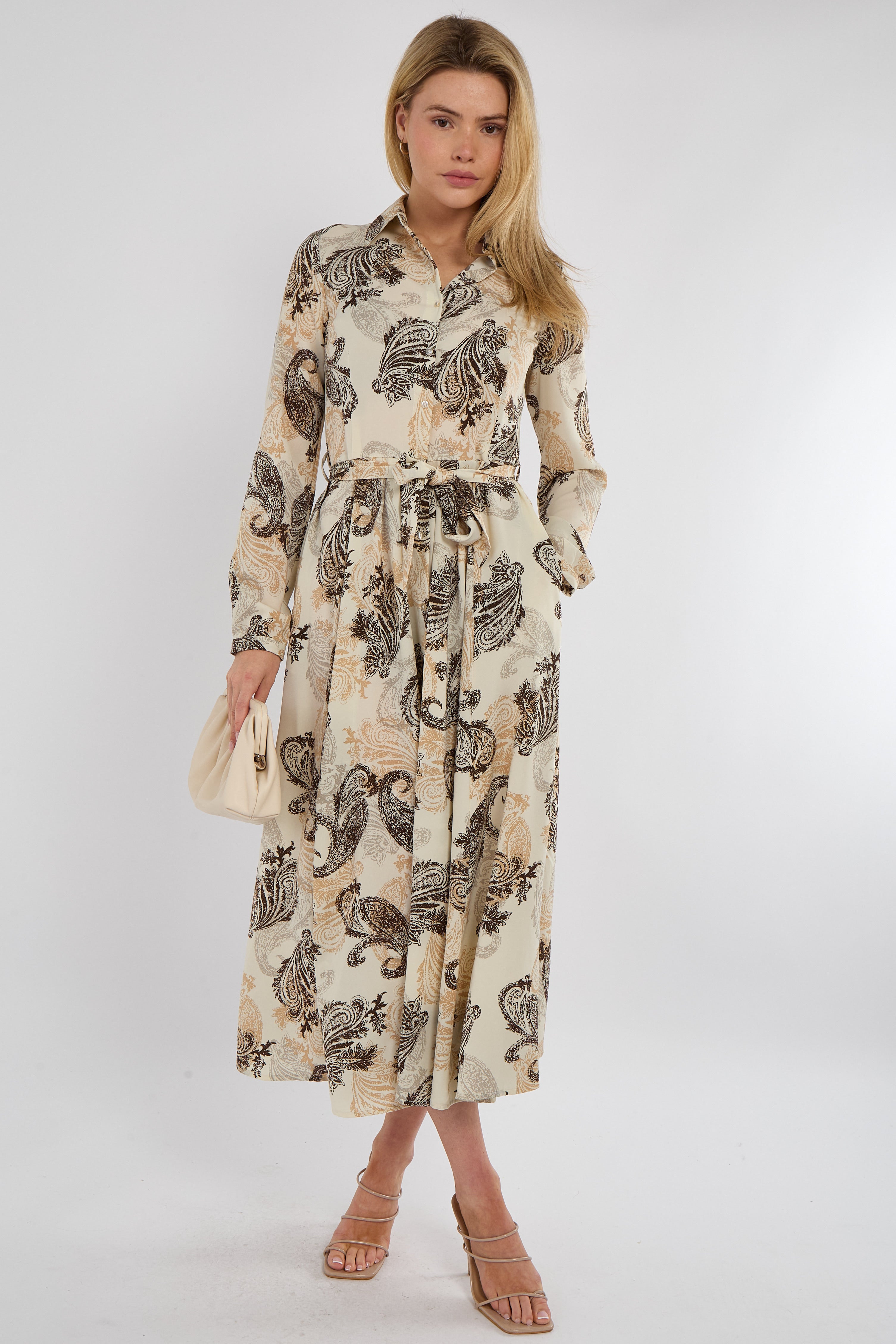 Beige Paisley Print Long Sleeve Maxi Shirt Dress