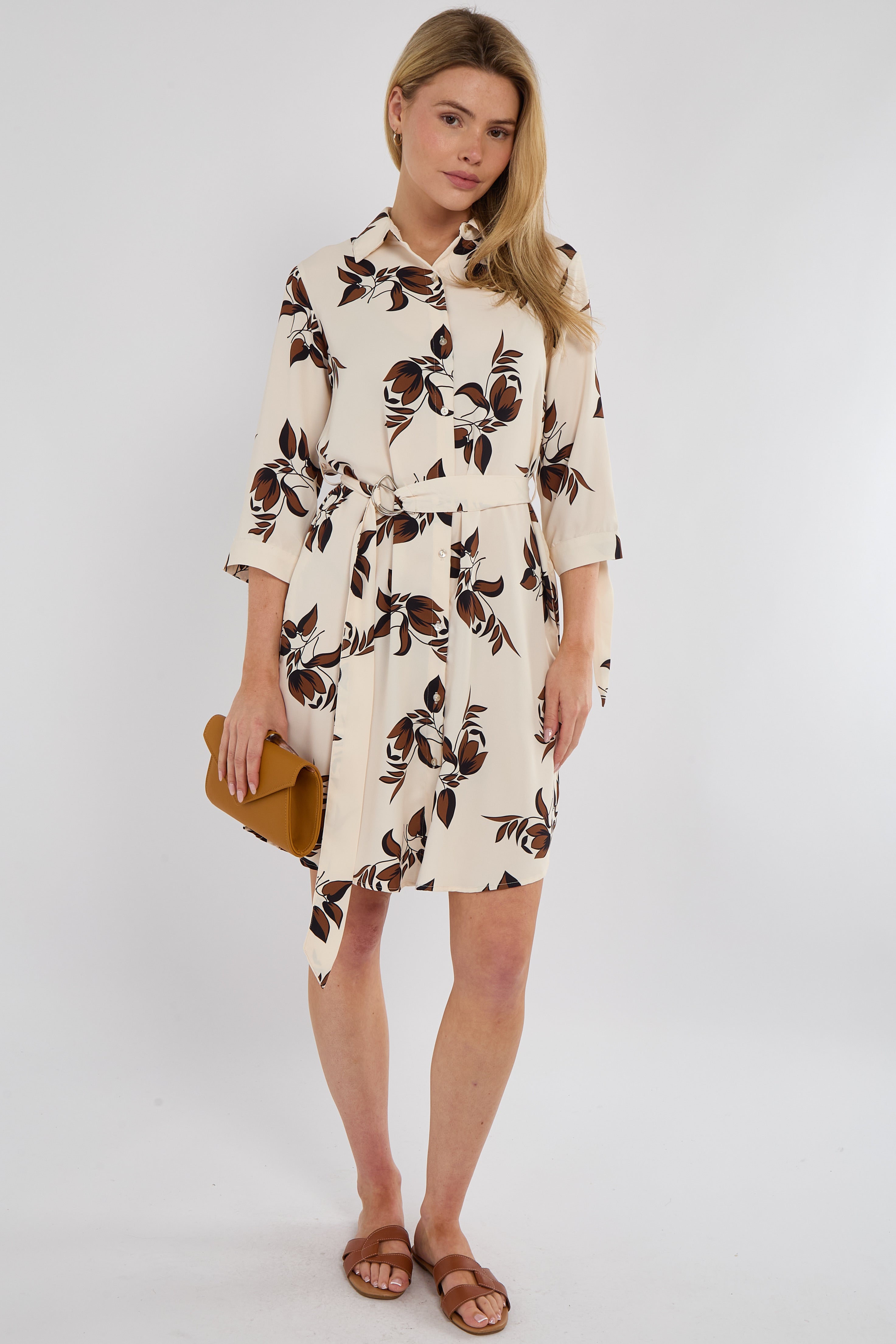 Brown Leaf Print Half Sleeve Mini Shirt Dress