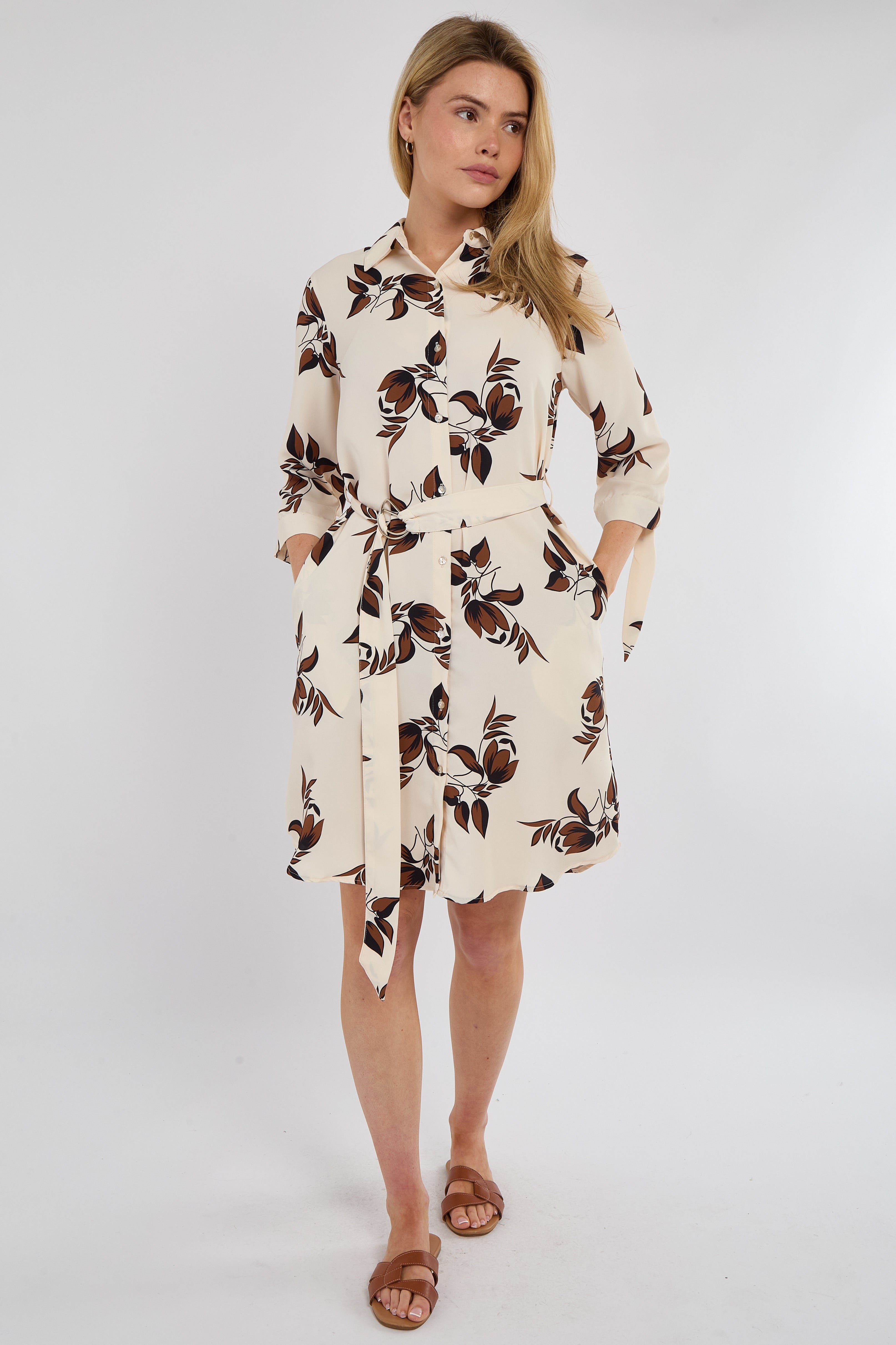 Brown Leaf Print Half Sleeve Mini Shirt Dress