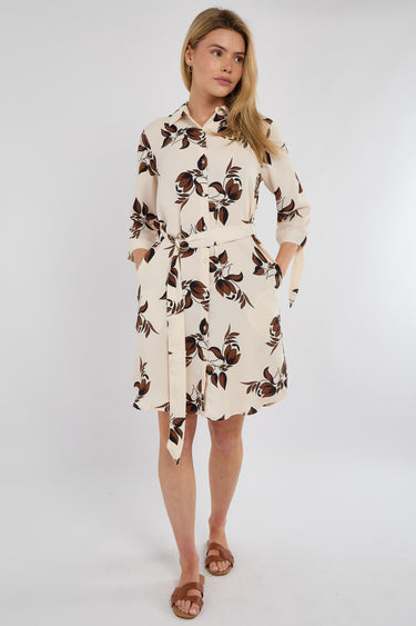 Brown Leaf Print Half Sleeve Mini Shirt Dress
