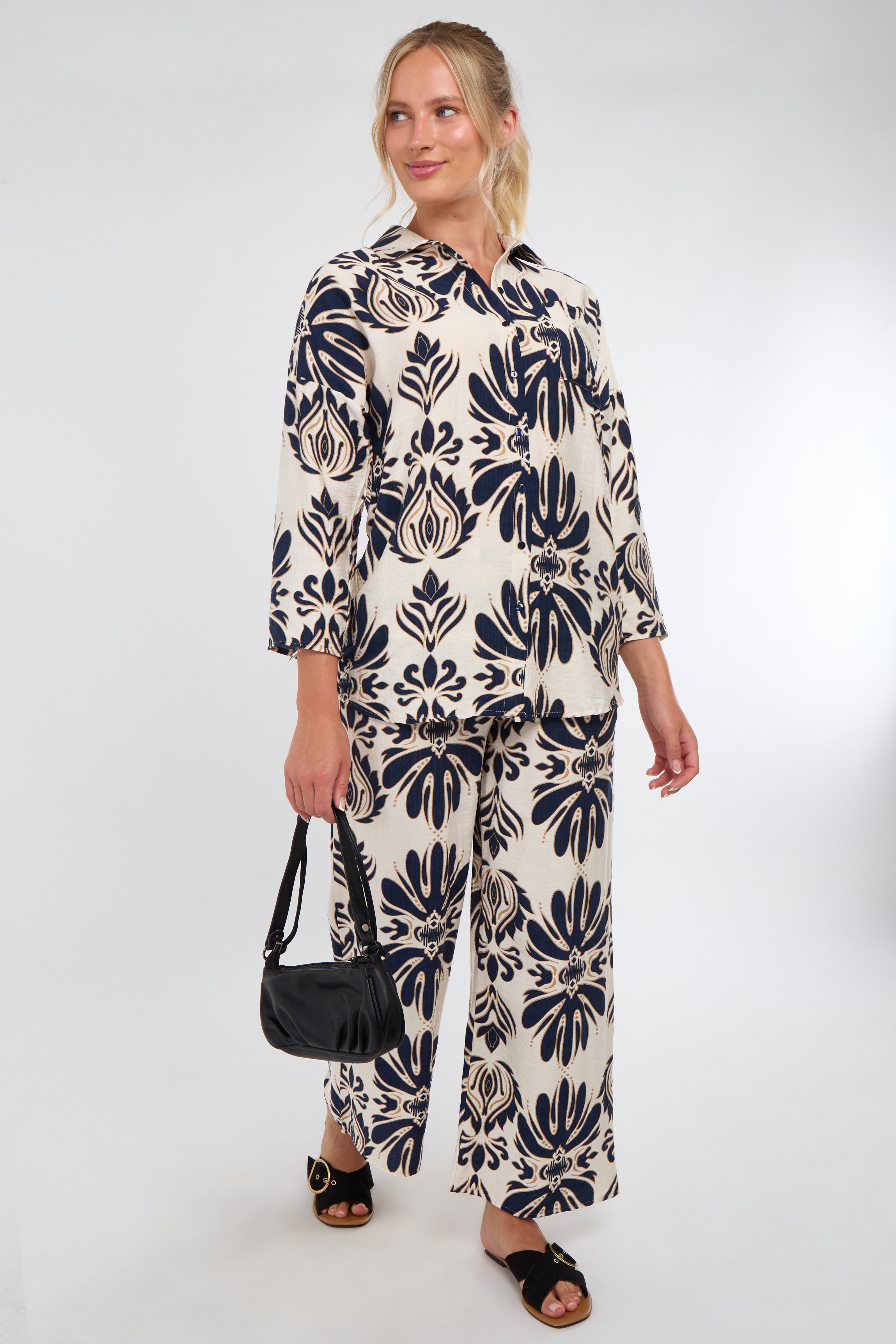 Cream and Navy Bold Floral Print Co-Ord Set