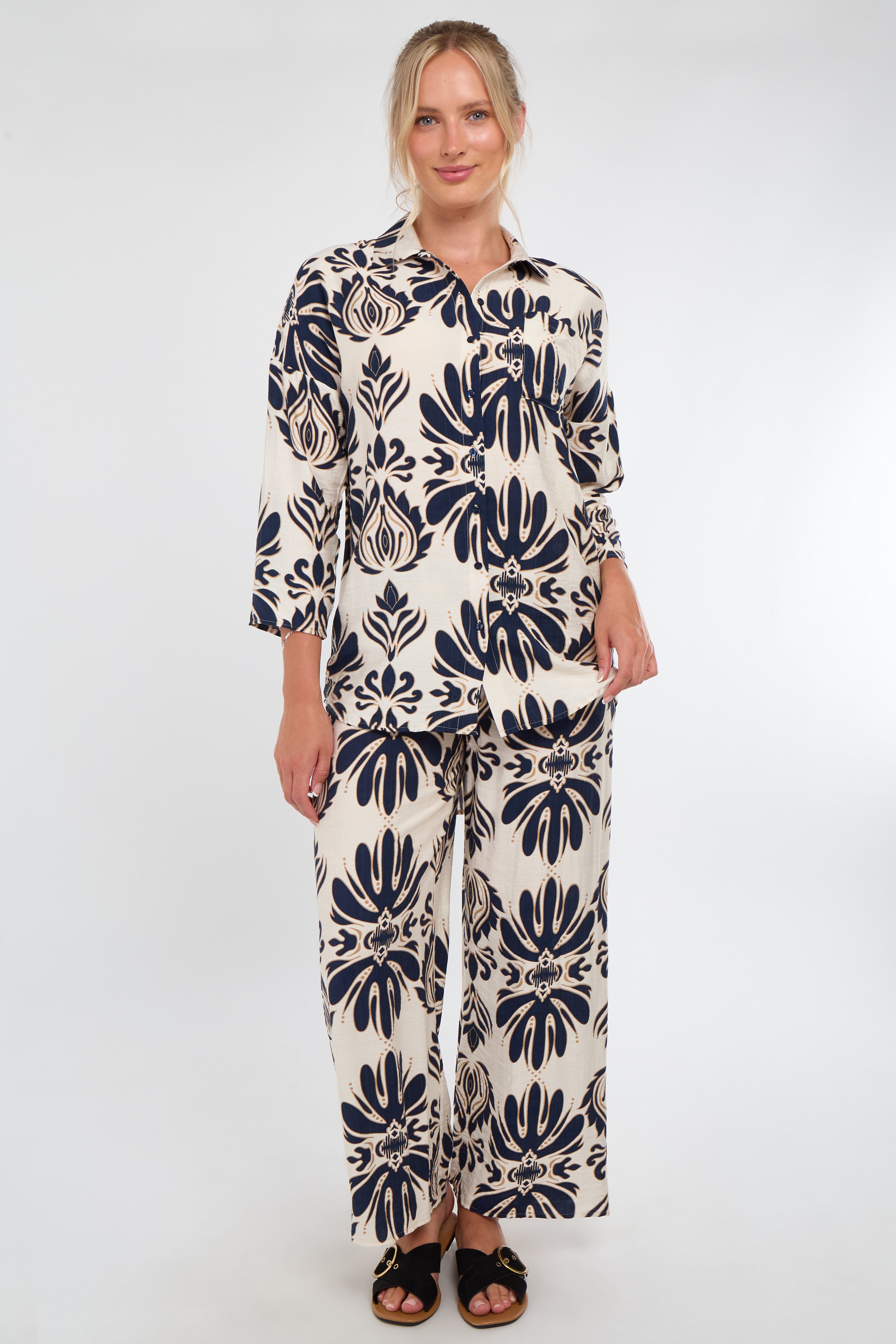 Cream and Navy Bold Floral Print Co-Ord Set