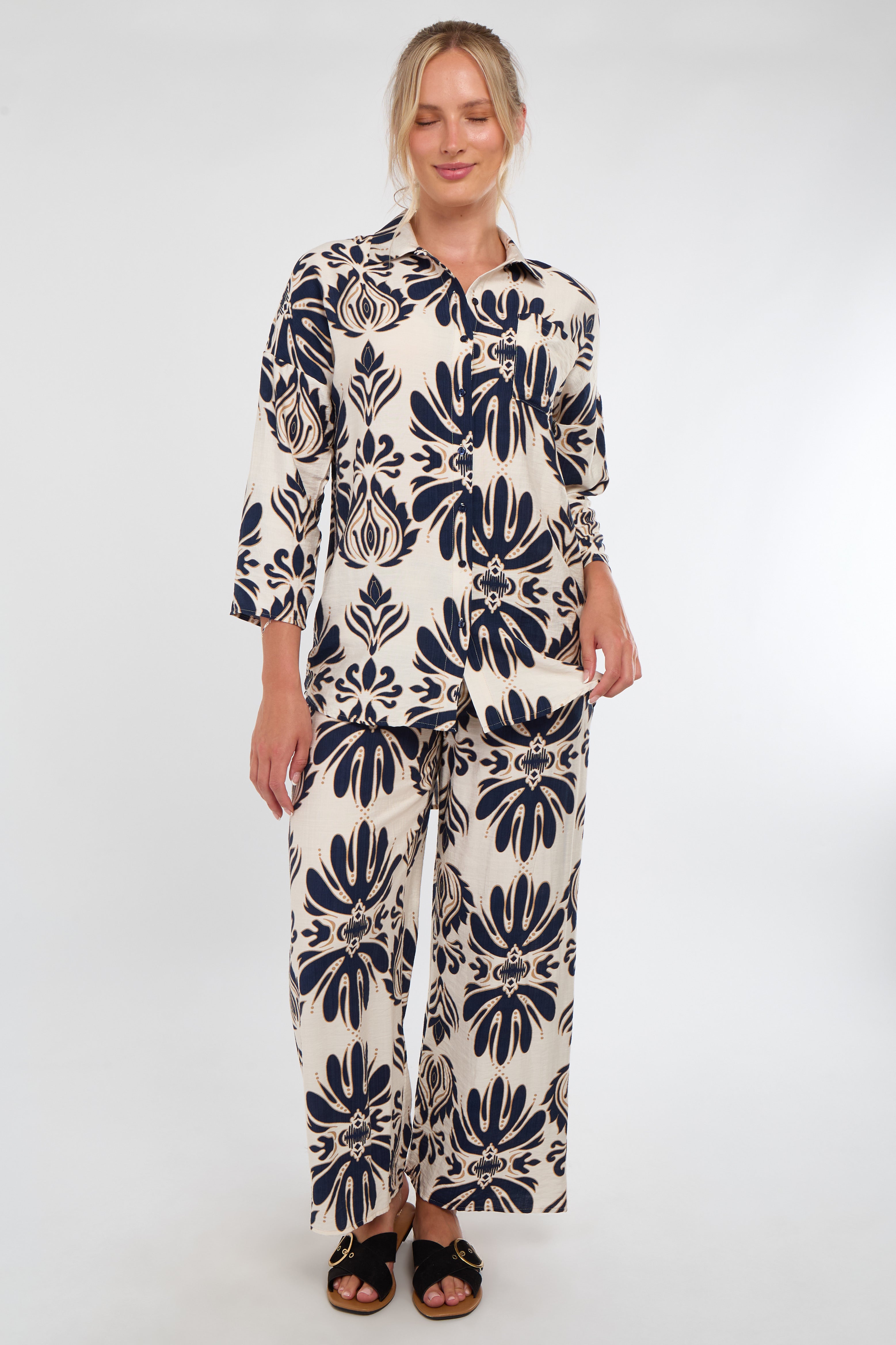 Cream and Navy Bold Floral Print Co-Ord Set
