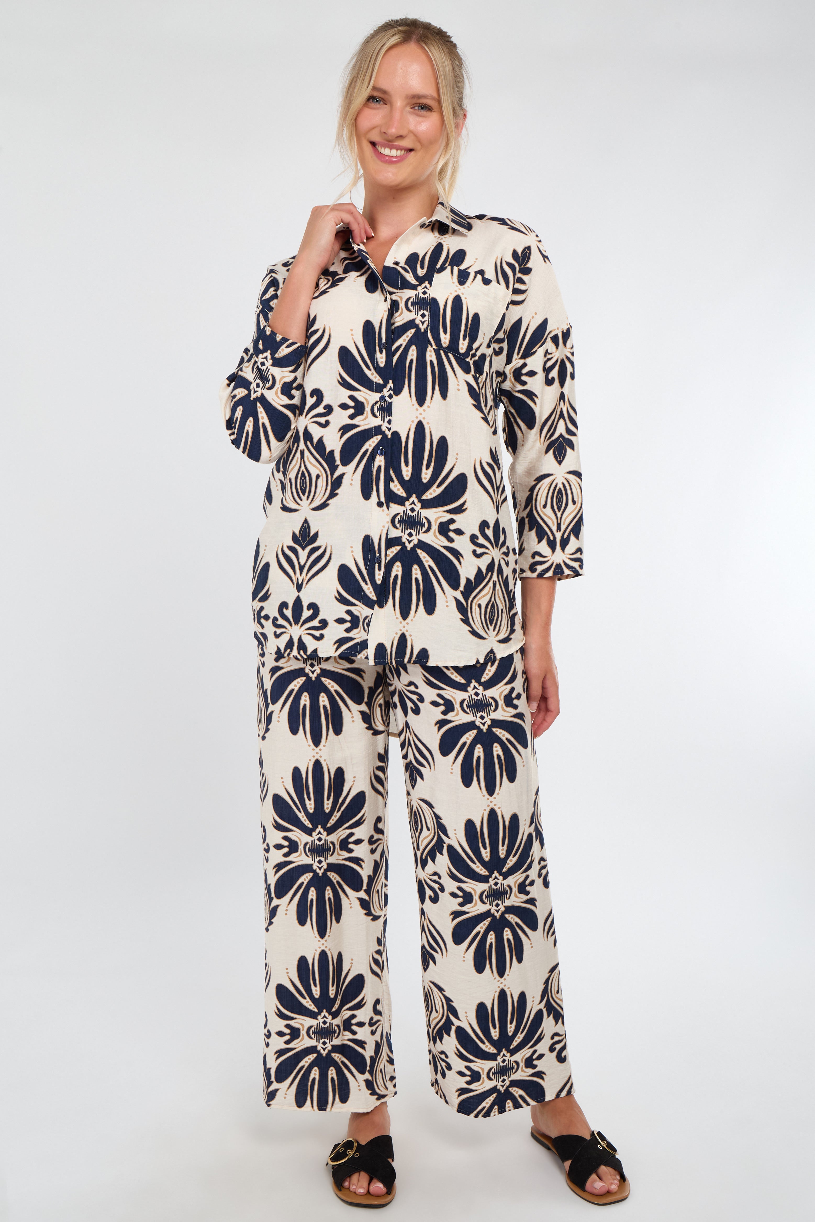 Cream and Navy Bold Floral Print Co-Ord Set