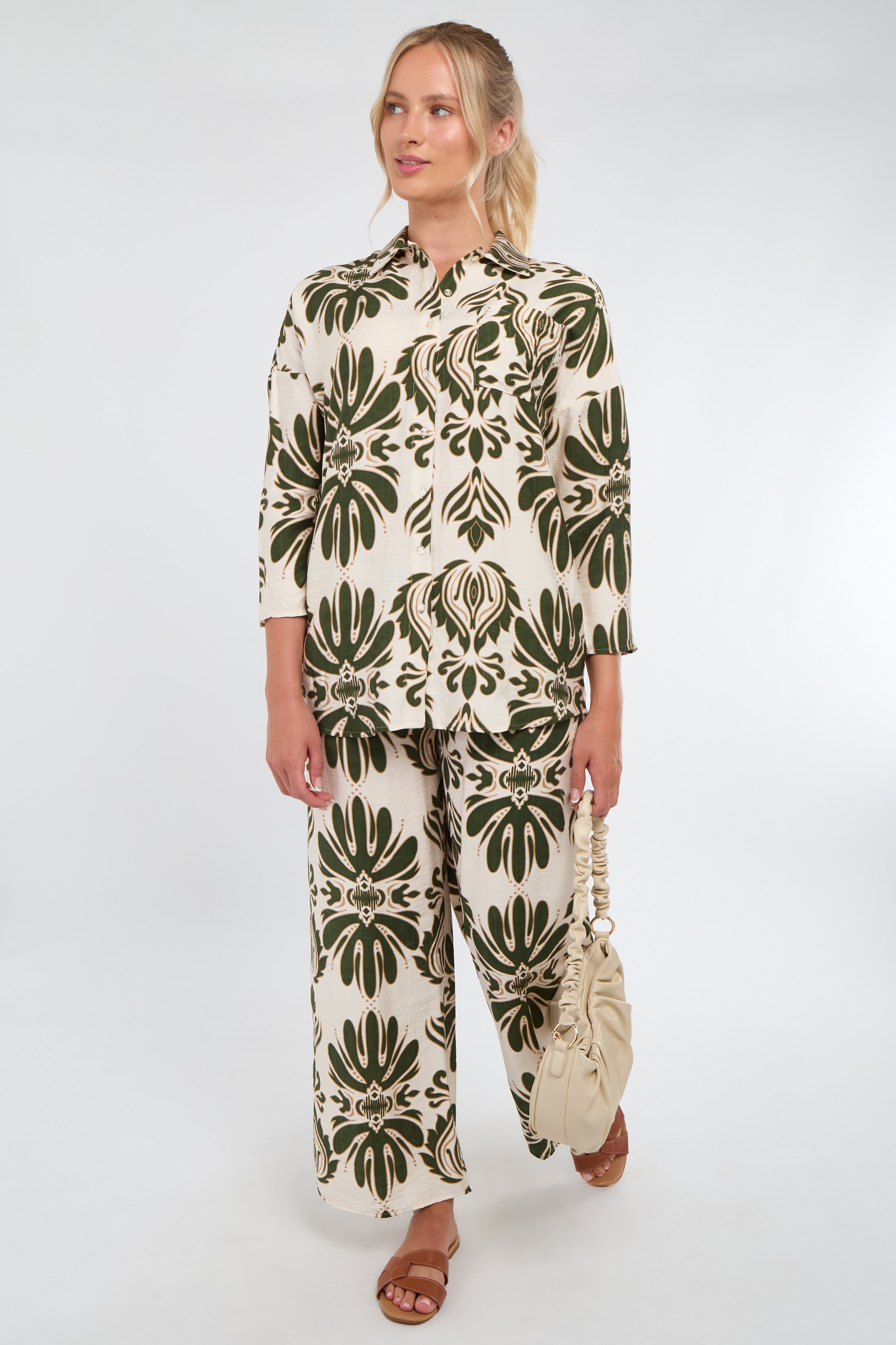Cream and Olive Bold Floral Print Co-Ord Set