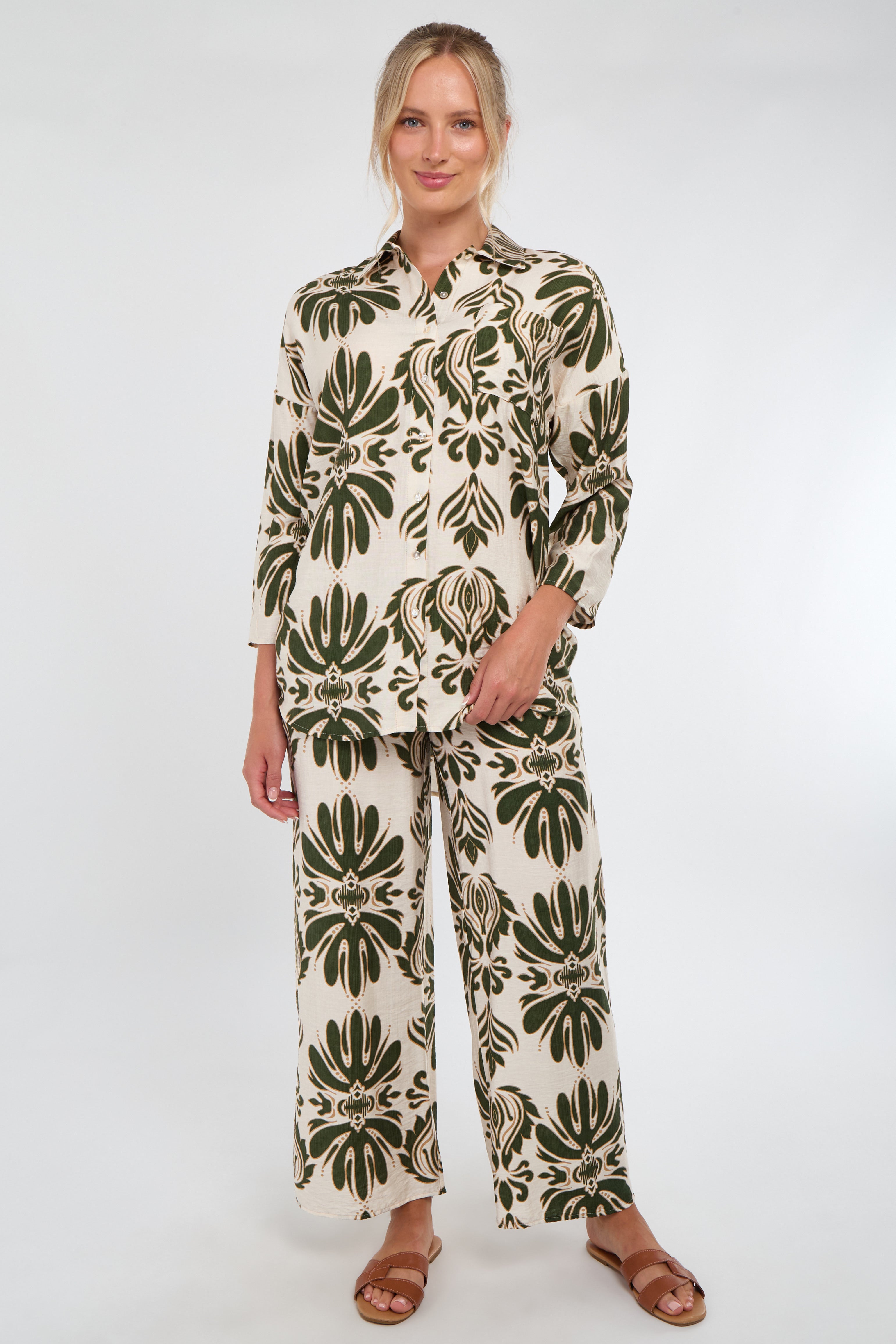 Cream and Olive Bold Floral Print Co-Ord Set