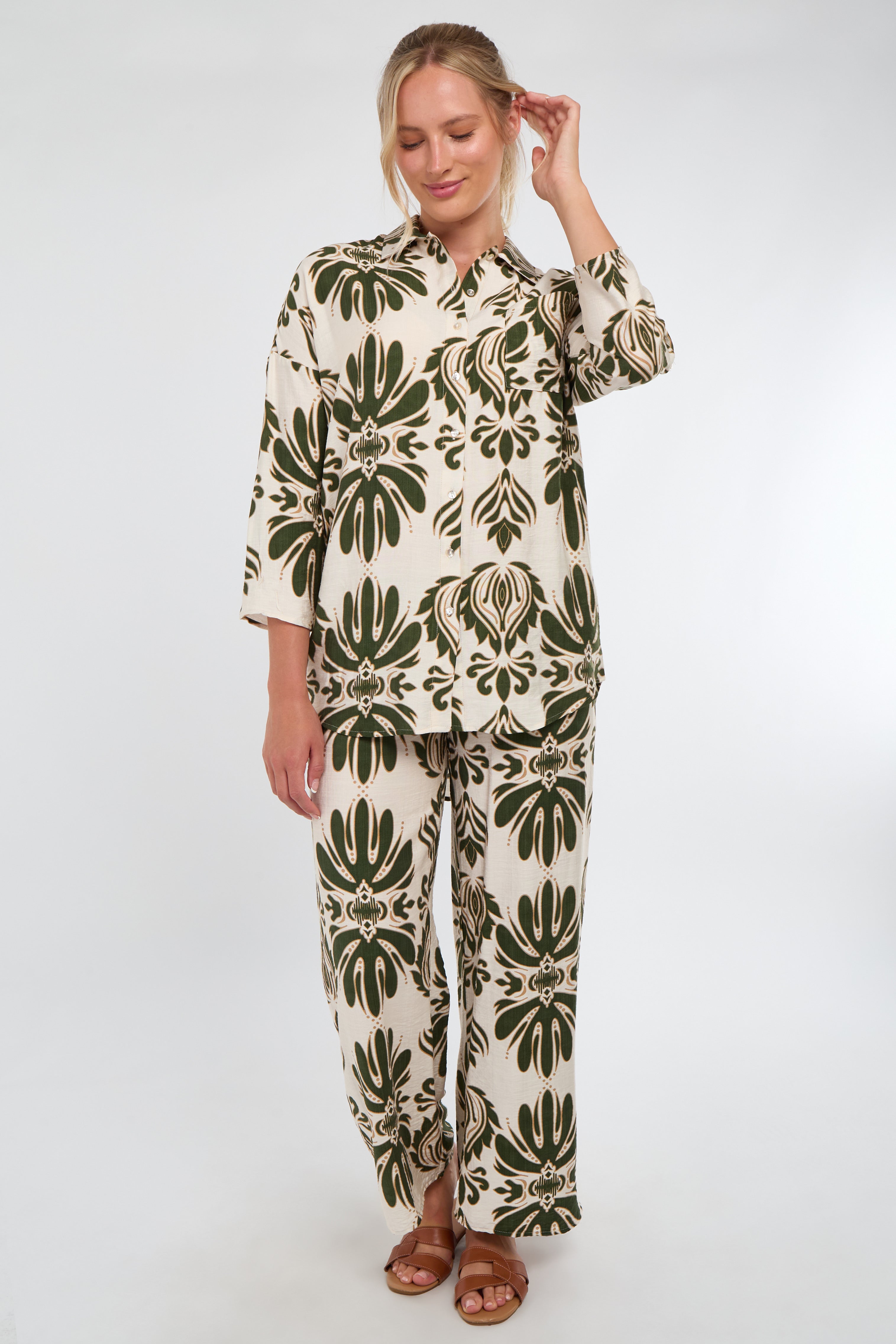 Cream and Olive Bold Floral Print Co-Ord Set