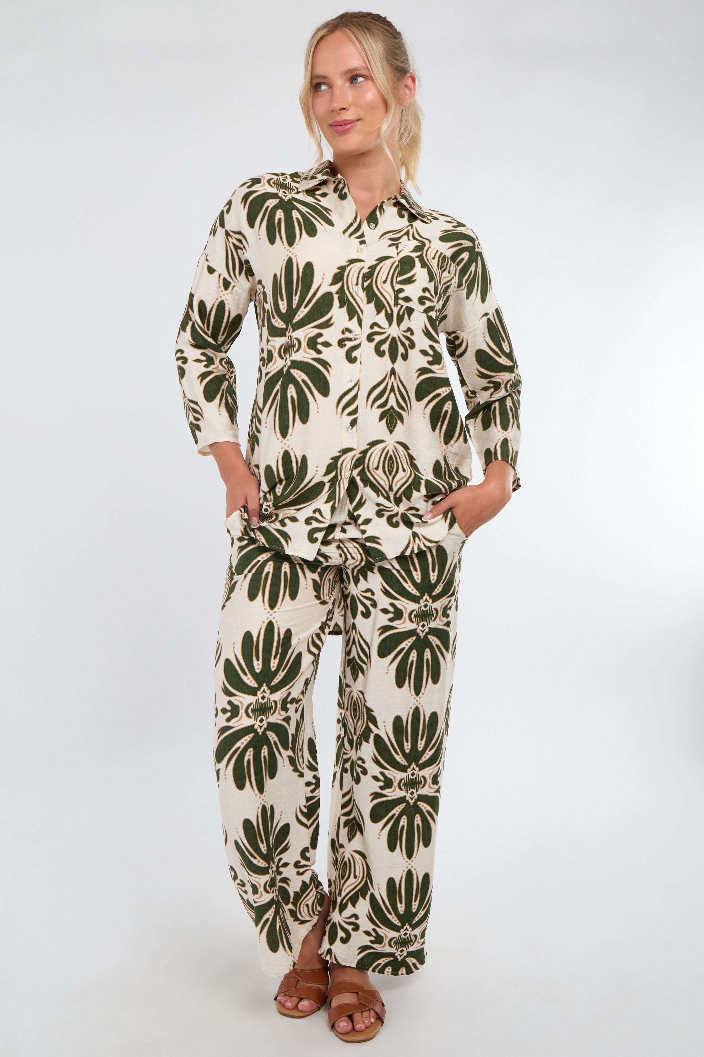 Cream and Olive Bold Floral Print Co-Ord Set