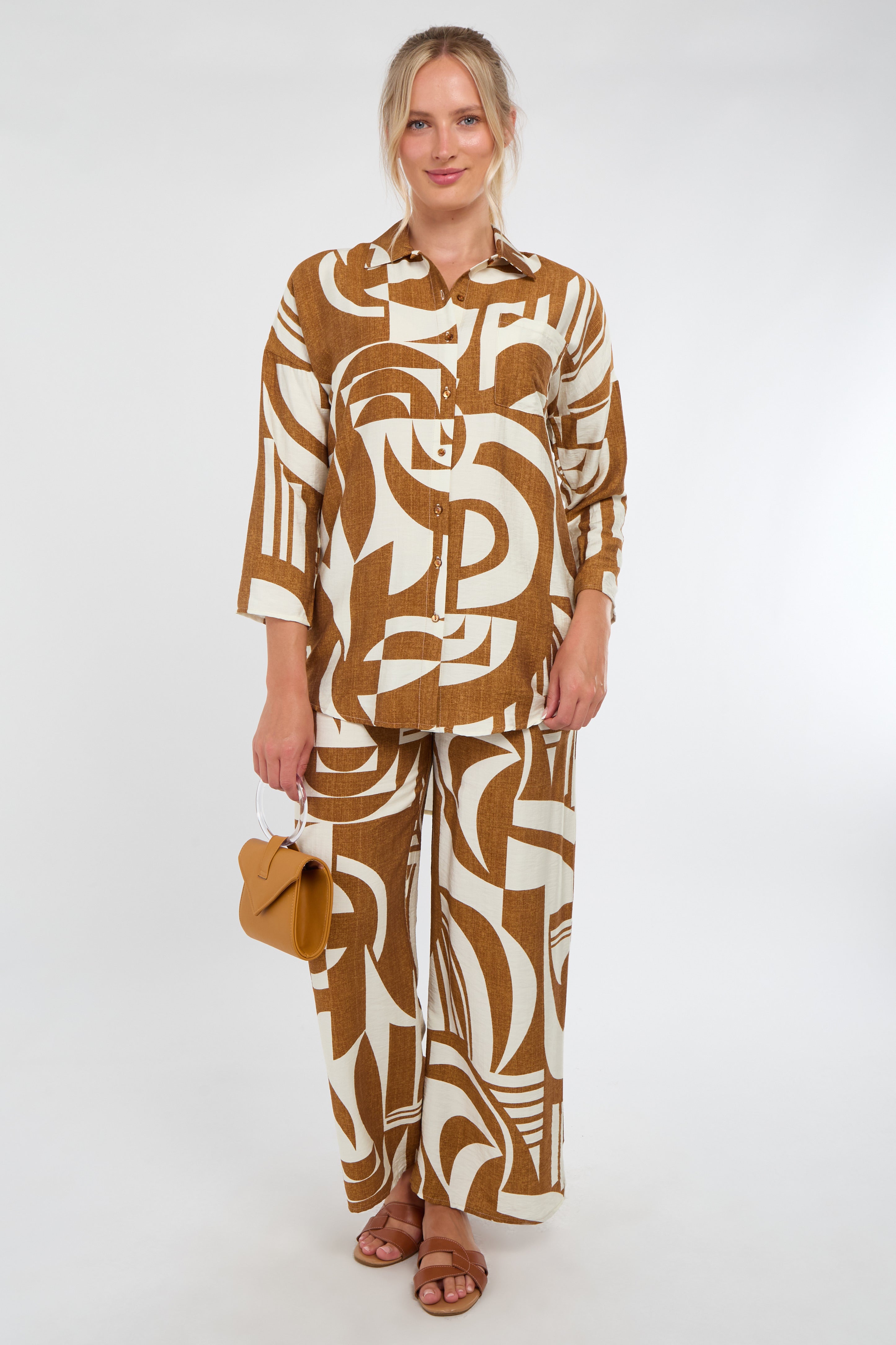 Brown and Cream Abstract Geo Print Co-Ord Set
