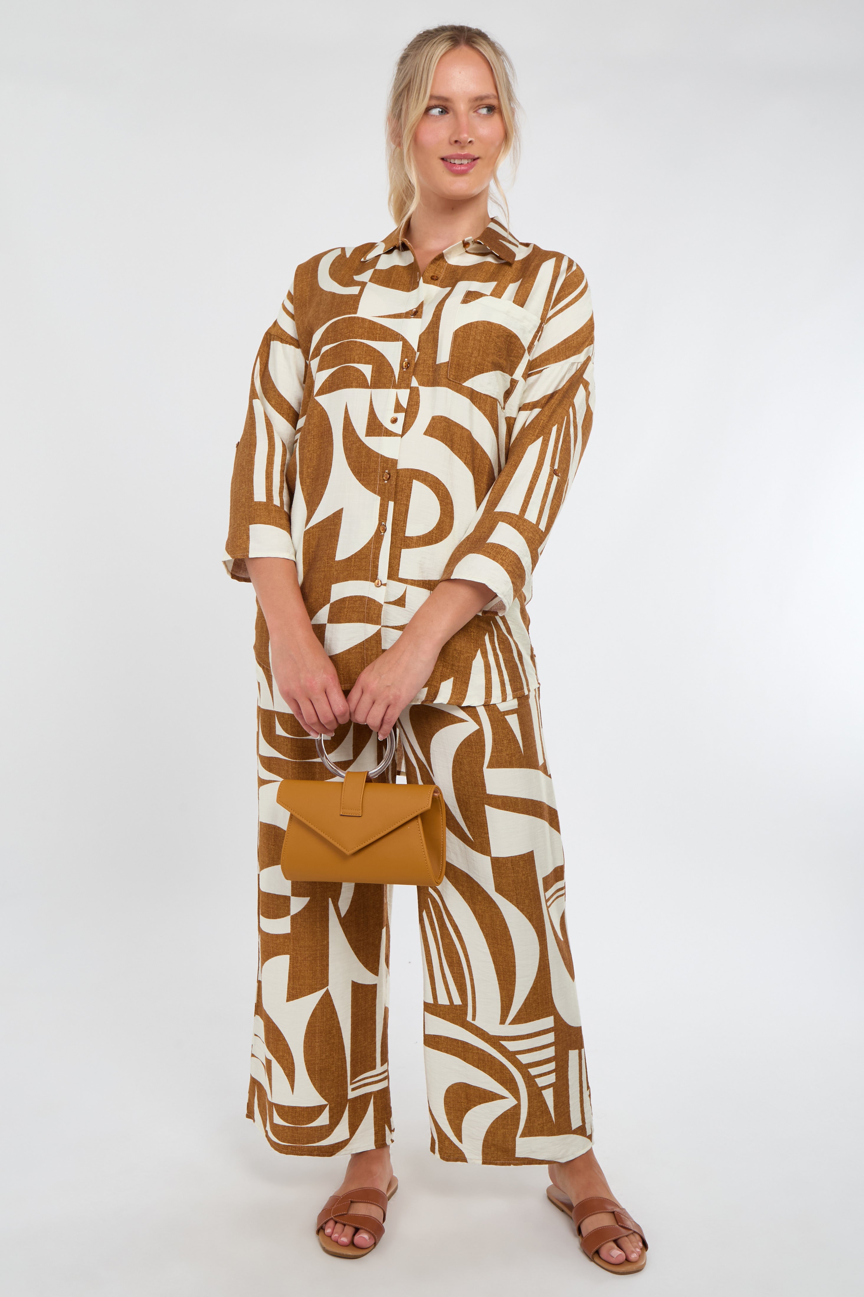 Brown and Cream Abstract Geo Print Co-Ord Set