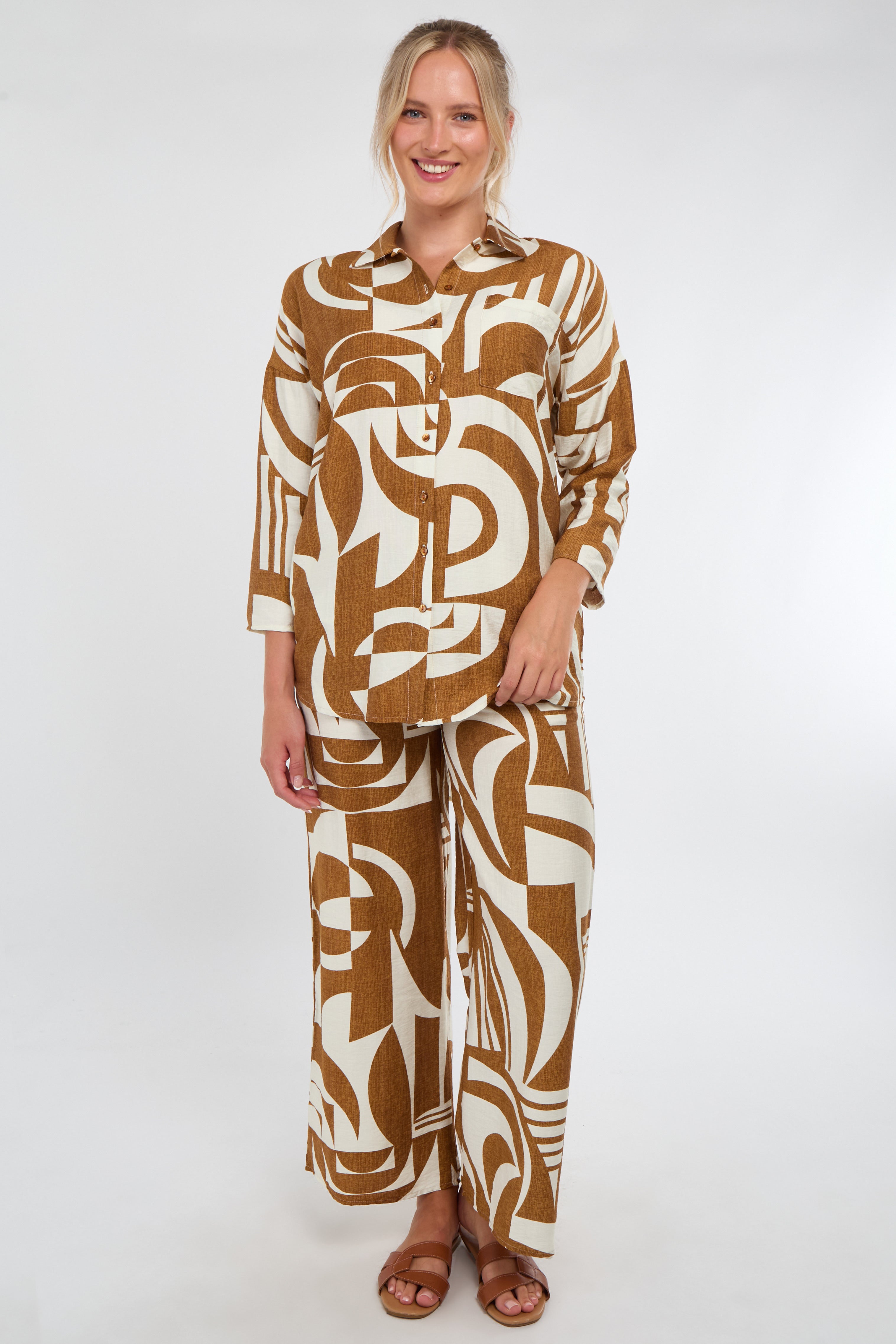 Brown and Cream Abstract Geo Print Co-Ord Set