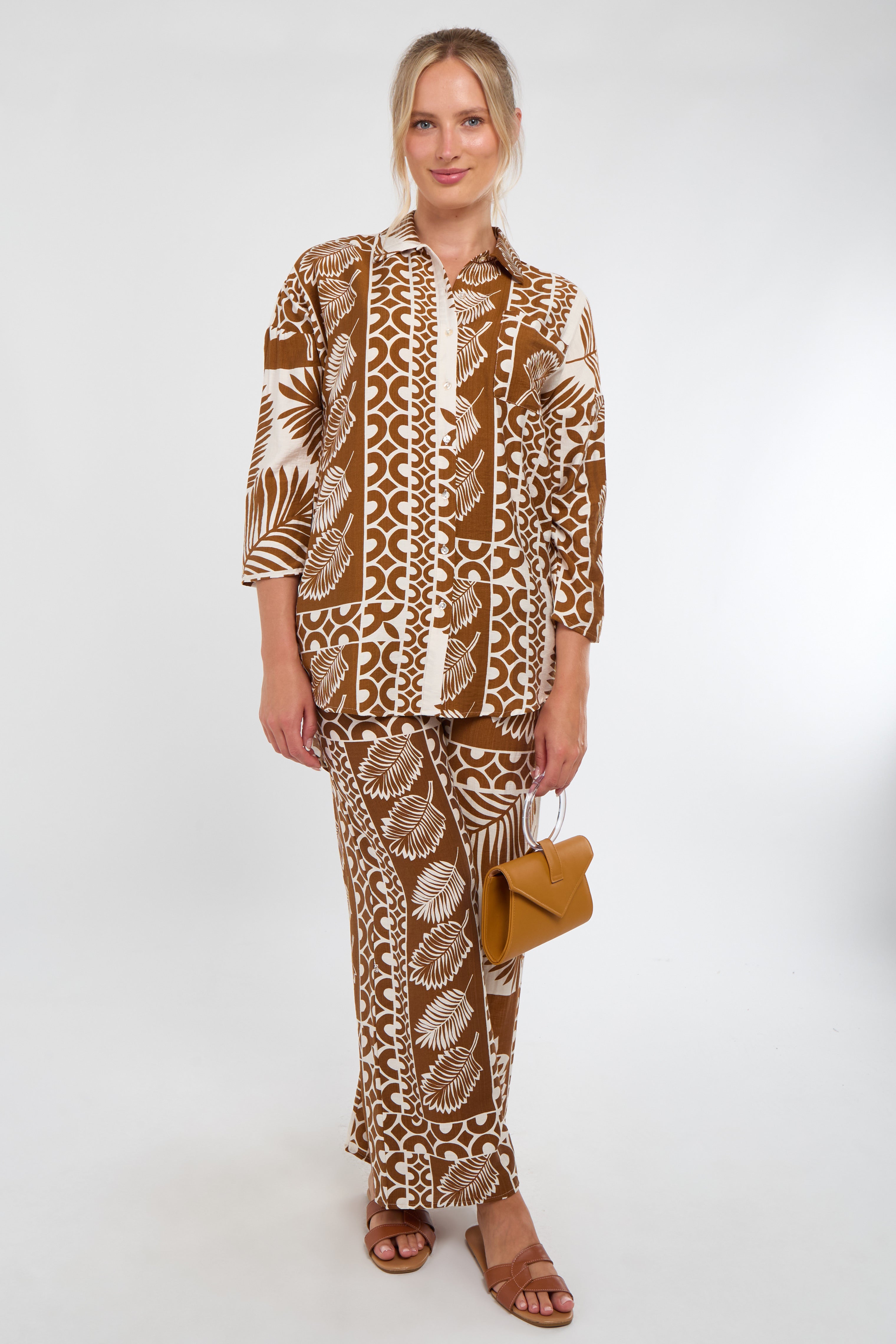 Tan and Cream Tropical Patch Print Co-Ord Set