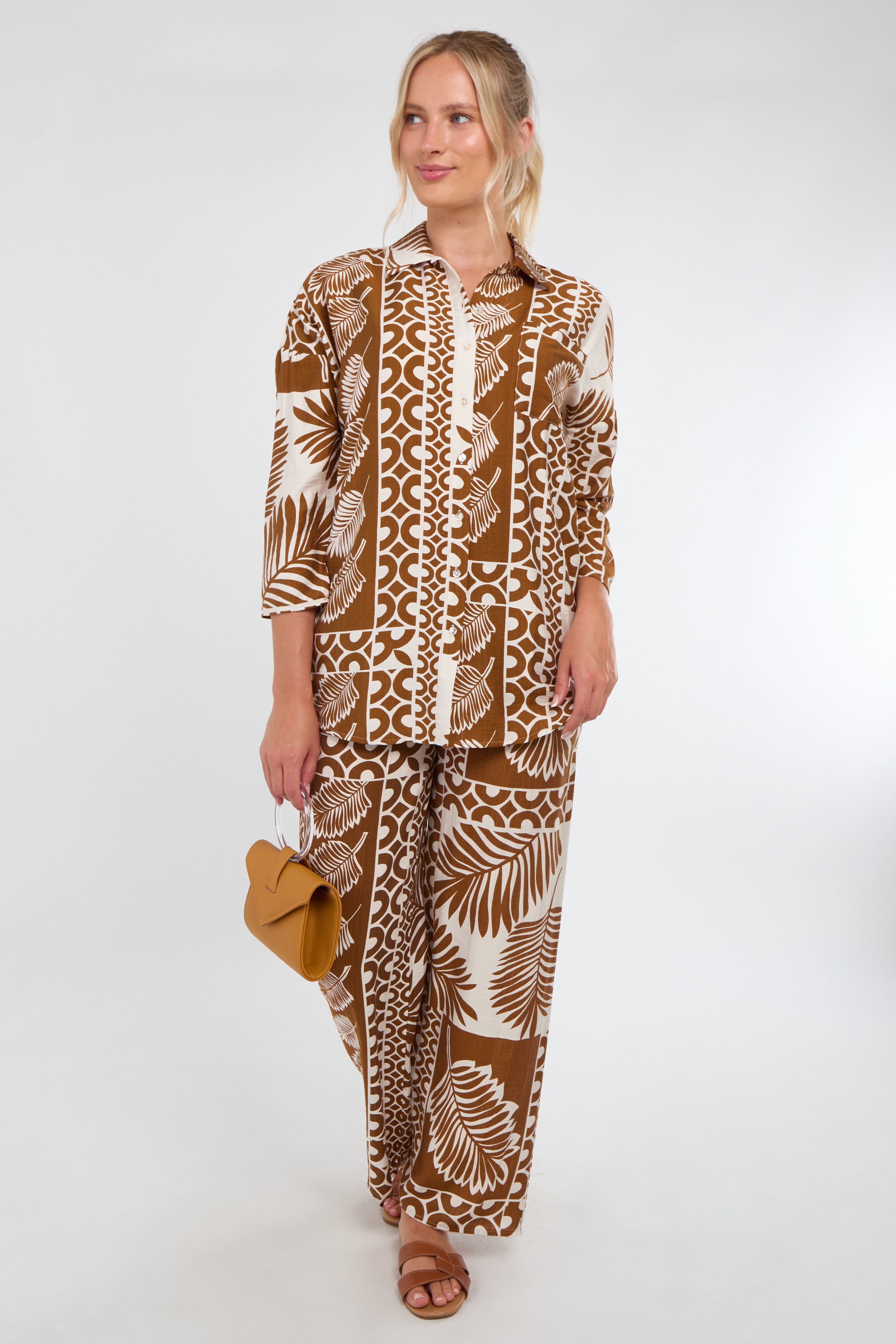 Tan and Cream Tropical Patch Print Co-Ord Set