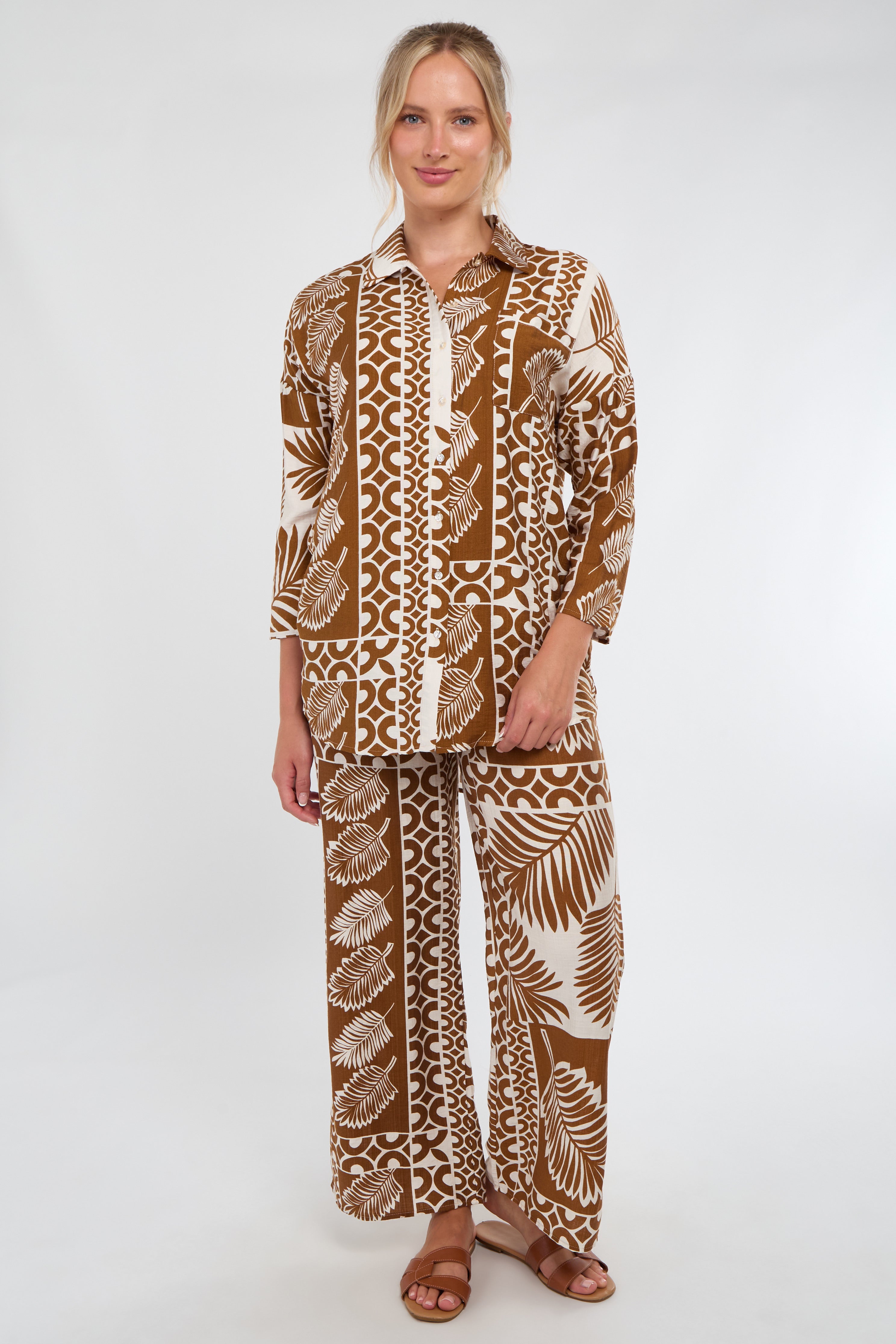Tan and Cream Tropical Patch Print Co-Ord Set
