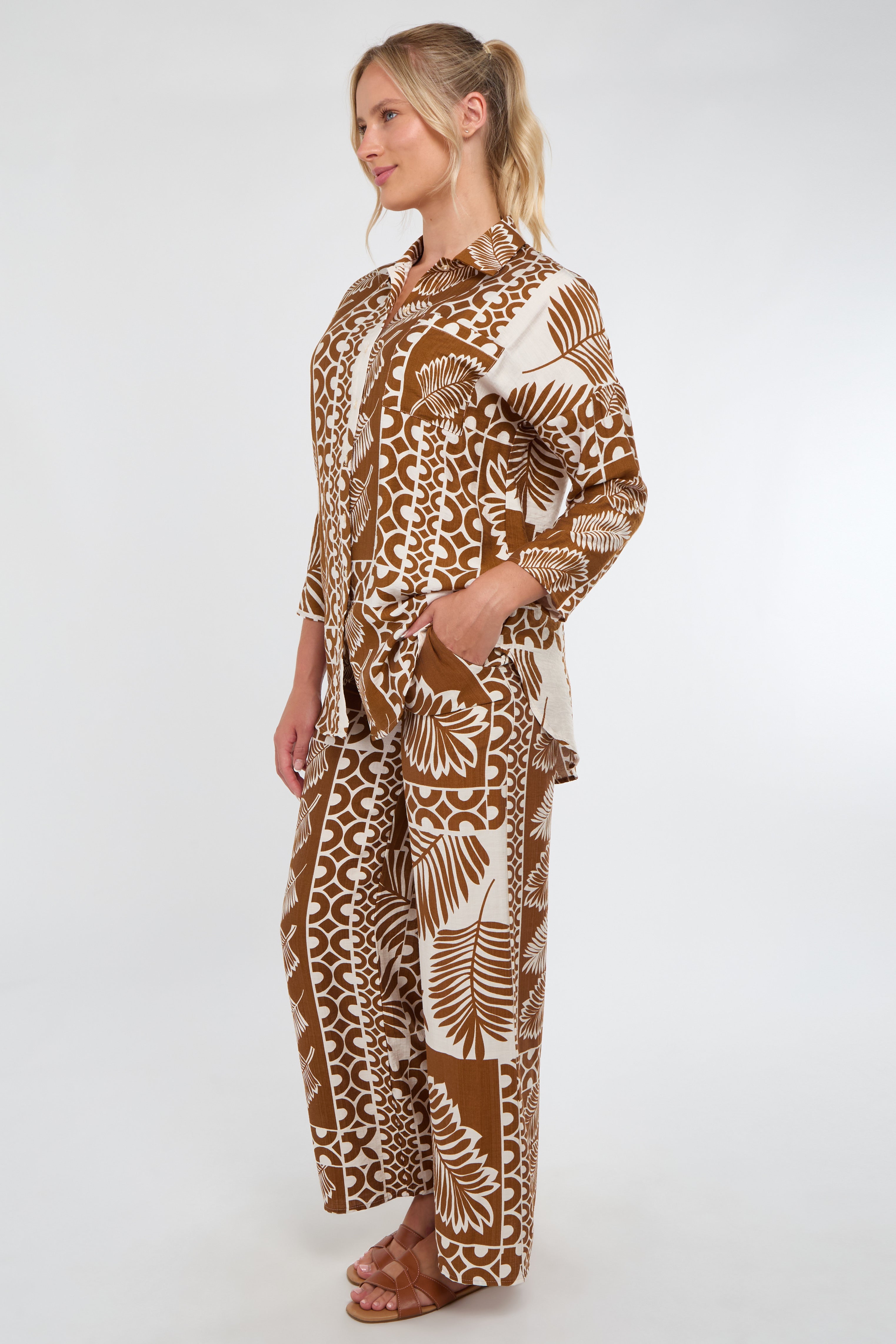 Tan and Cream Tropical Patch Print Co-Ord Set