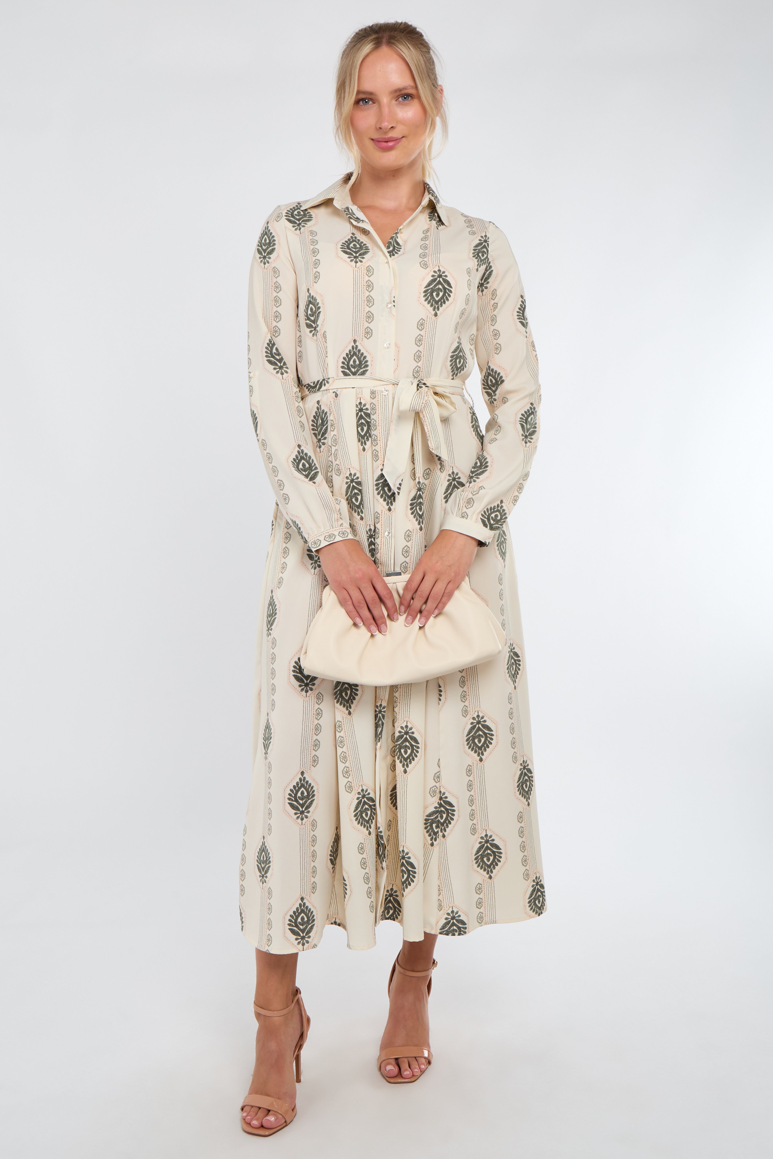 Cream and Olive Boho Print Maxi Shirt Dress