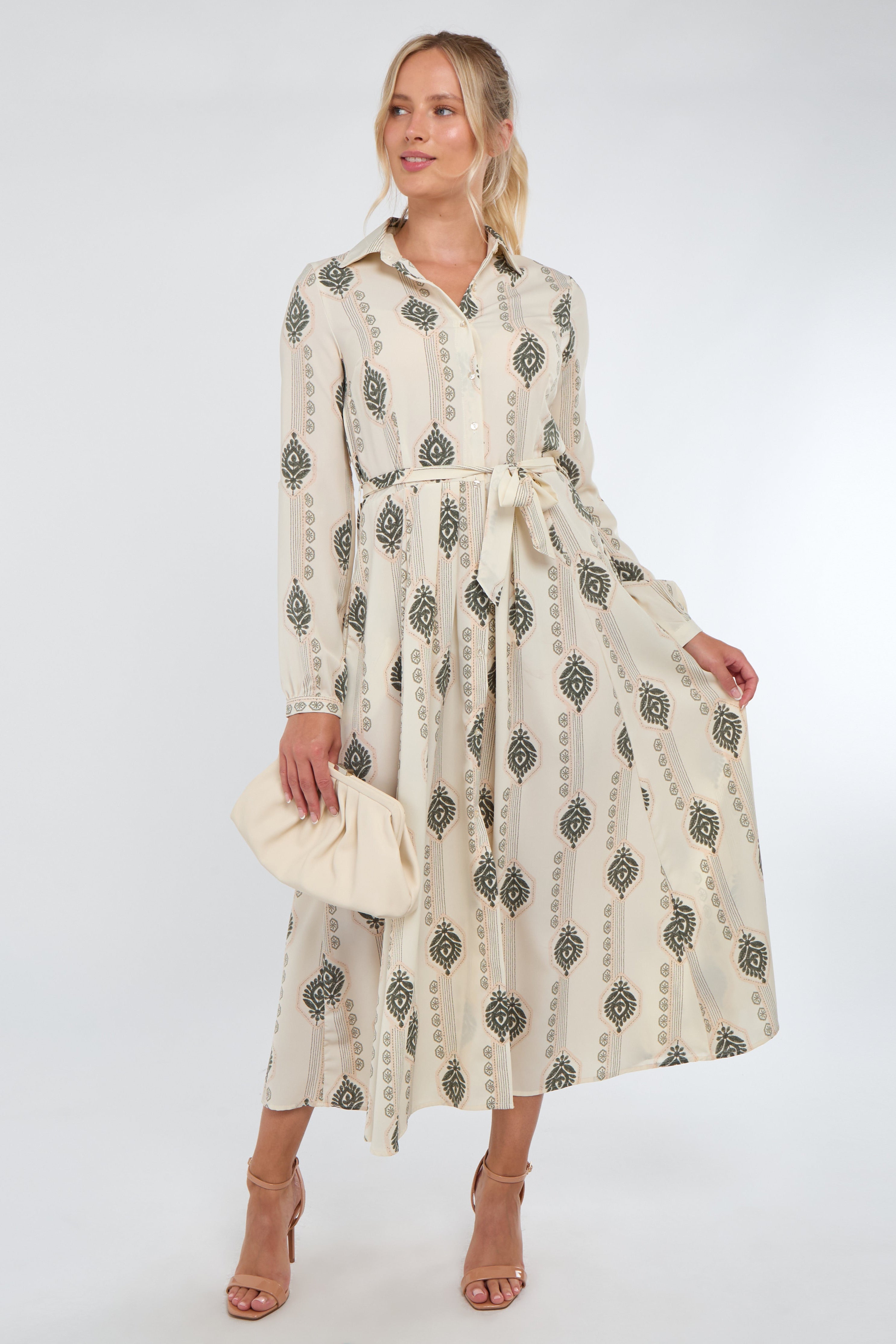 Cream and Olive Boho Print Maxi Shirt Dress