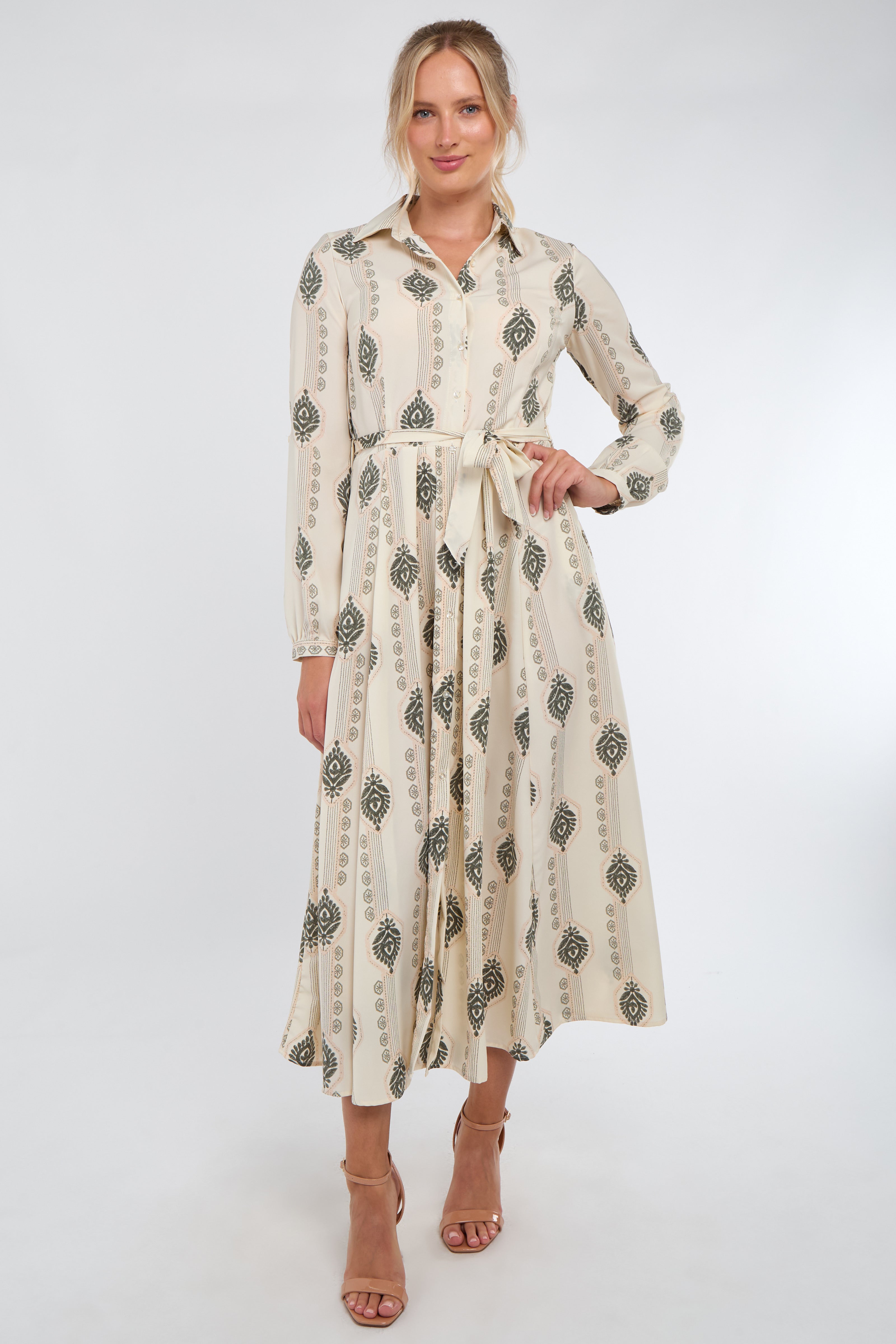 Cream and Olive Boho Print Maxi Shirt Dress