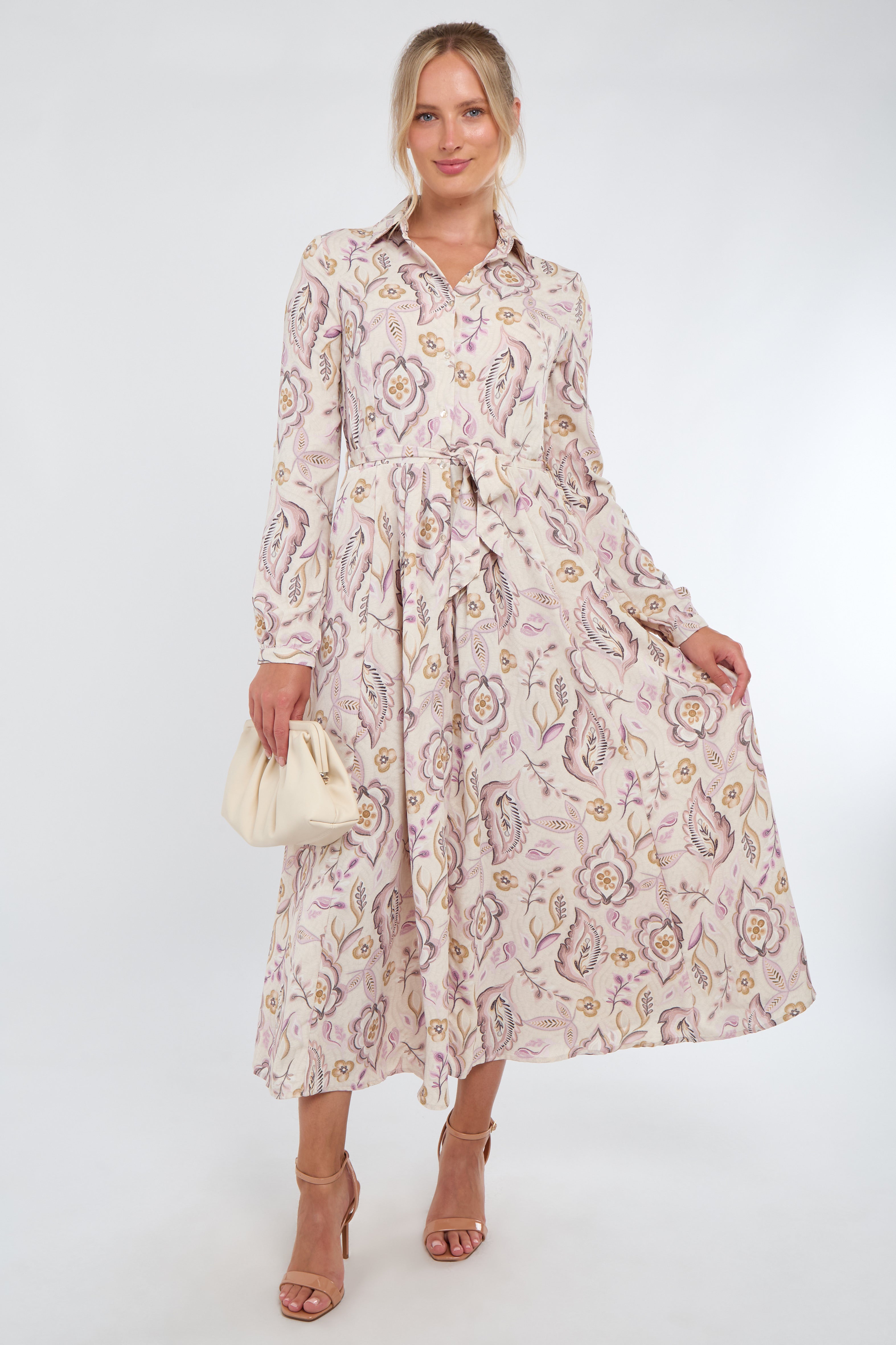 Cream and Blush Vintage Floral Print Maxi Shirt Dress