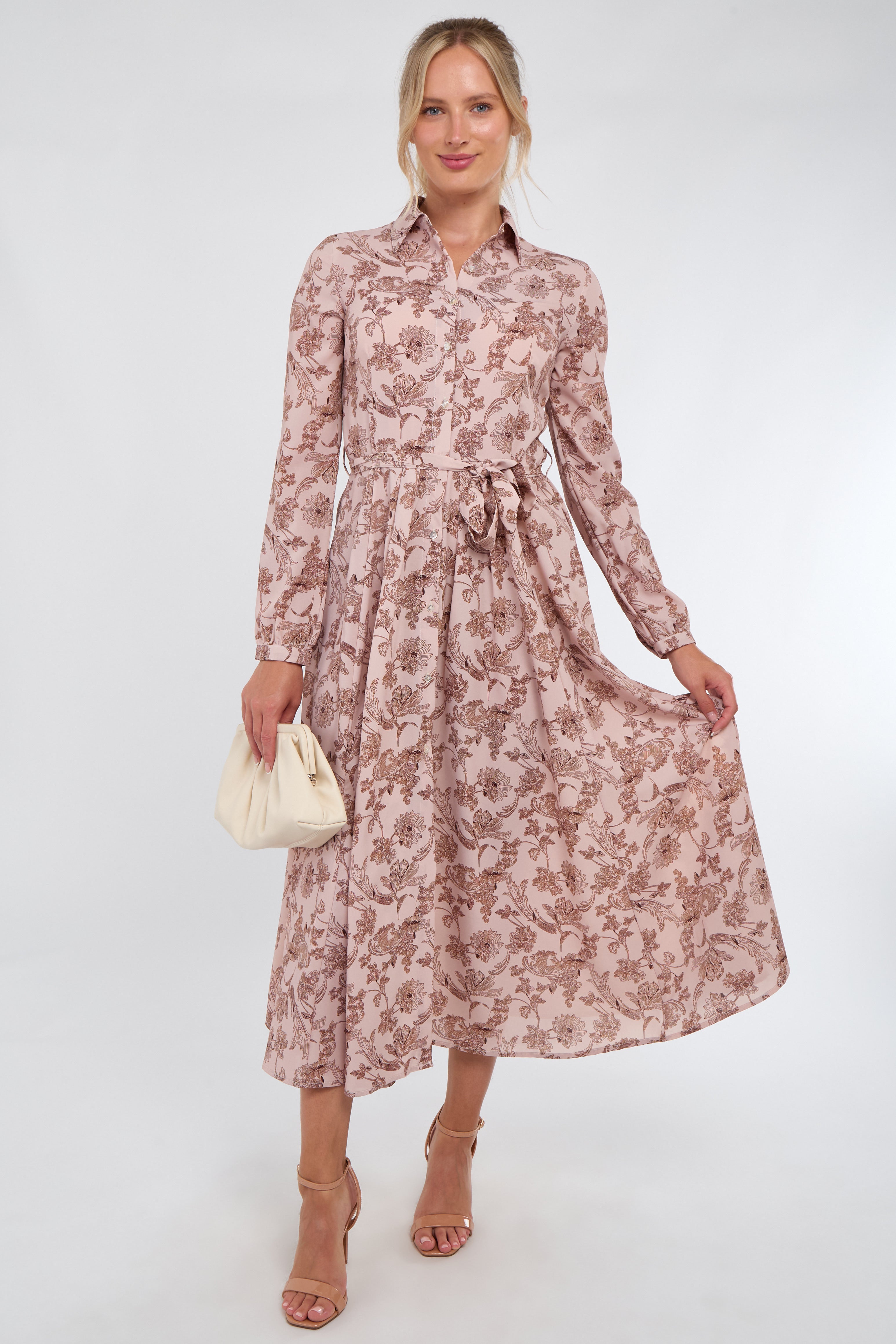 Dusky Pink and Mocha Floral Print Maxi Shirt Dress