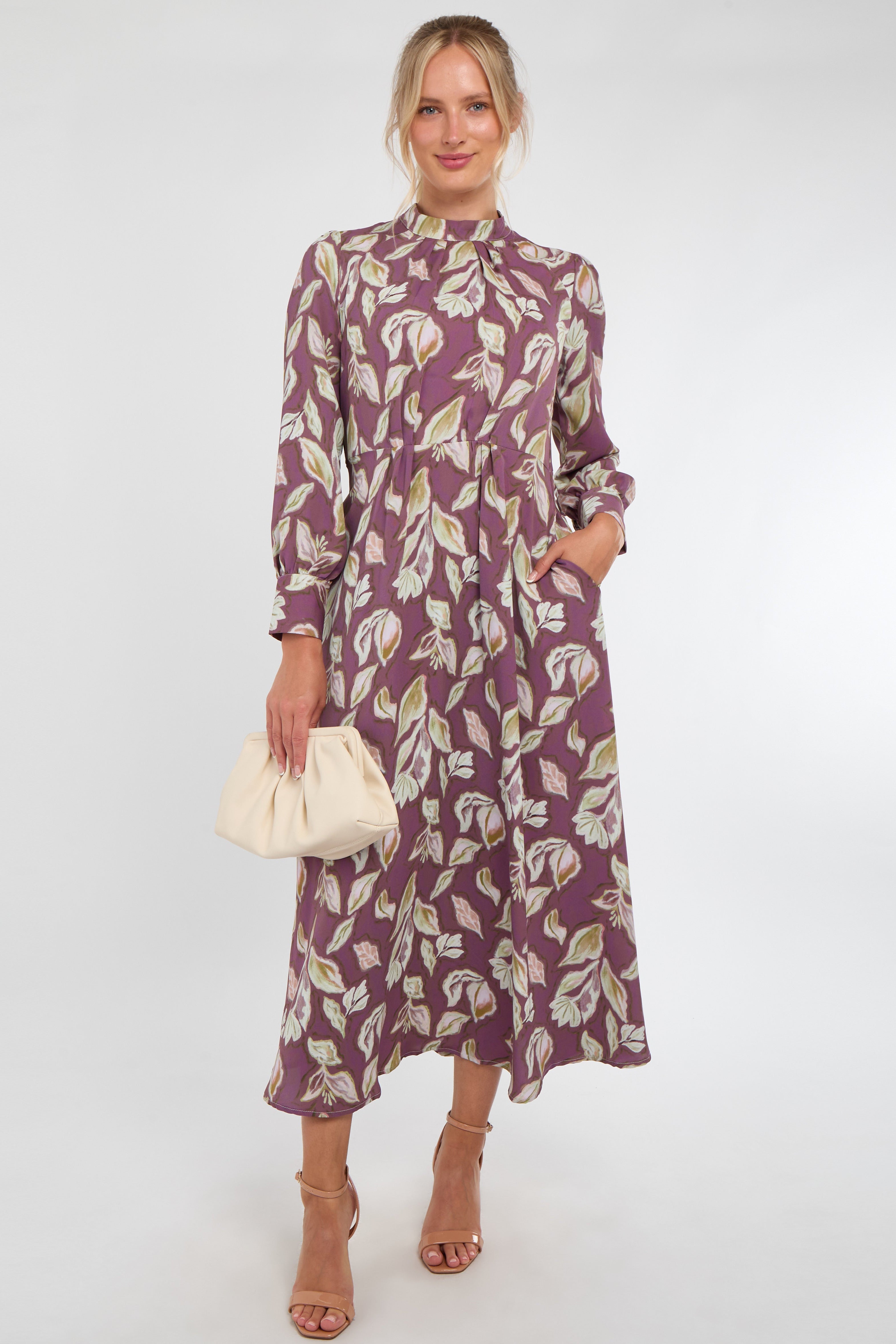 Dusky Purple Leaf Print Pleated Skirt Maxi Dress