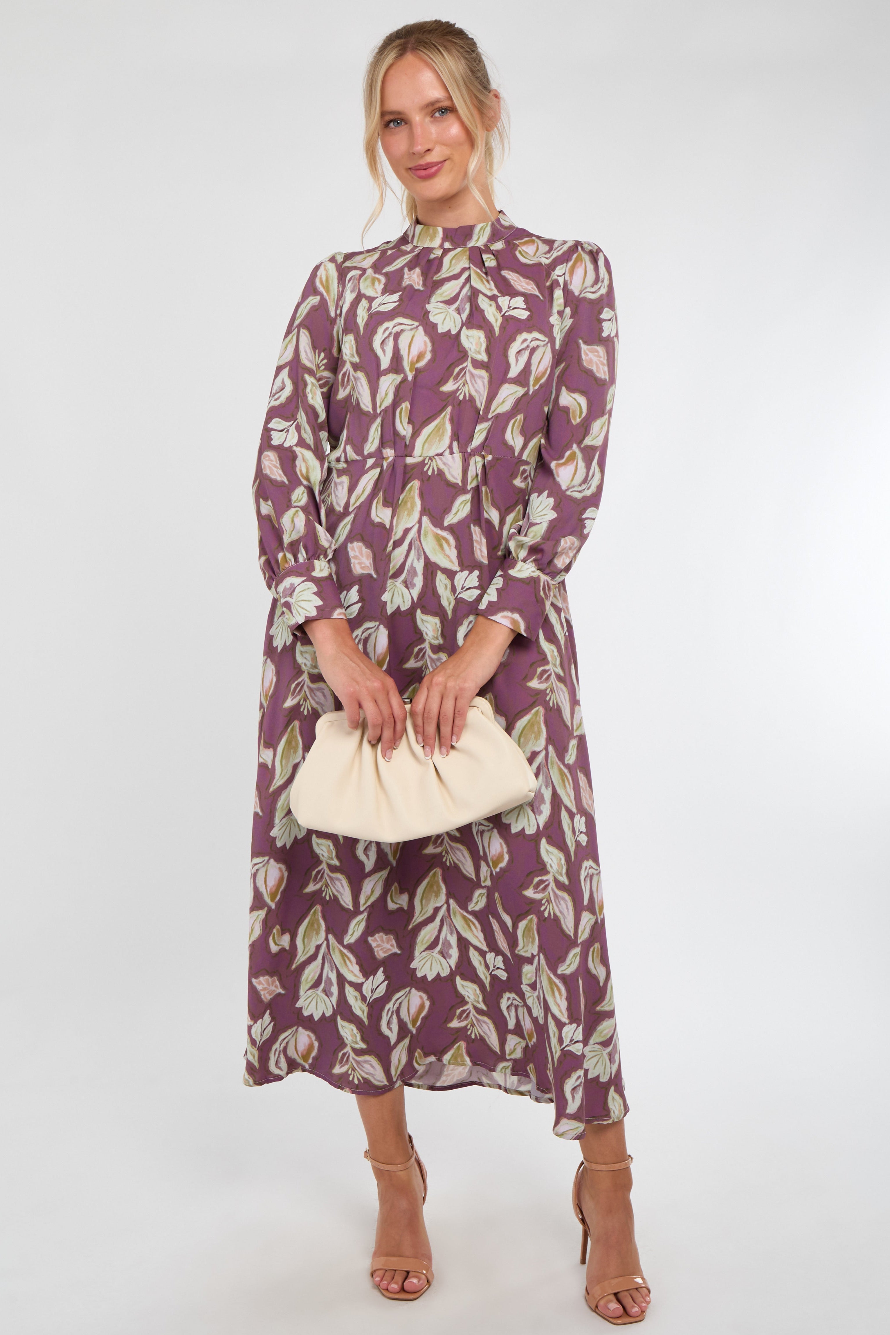 Dusky Purple Leaf Print Pleated Skirt Maxi Dress