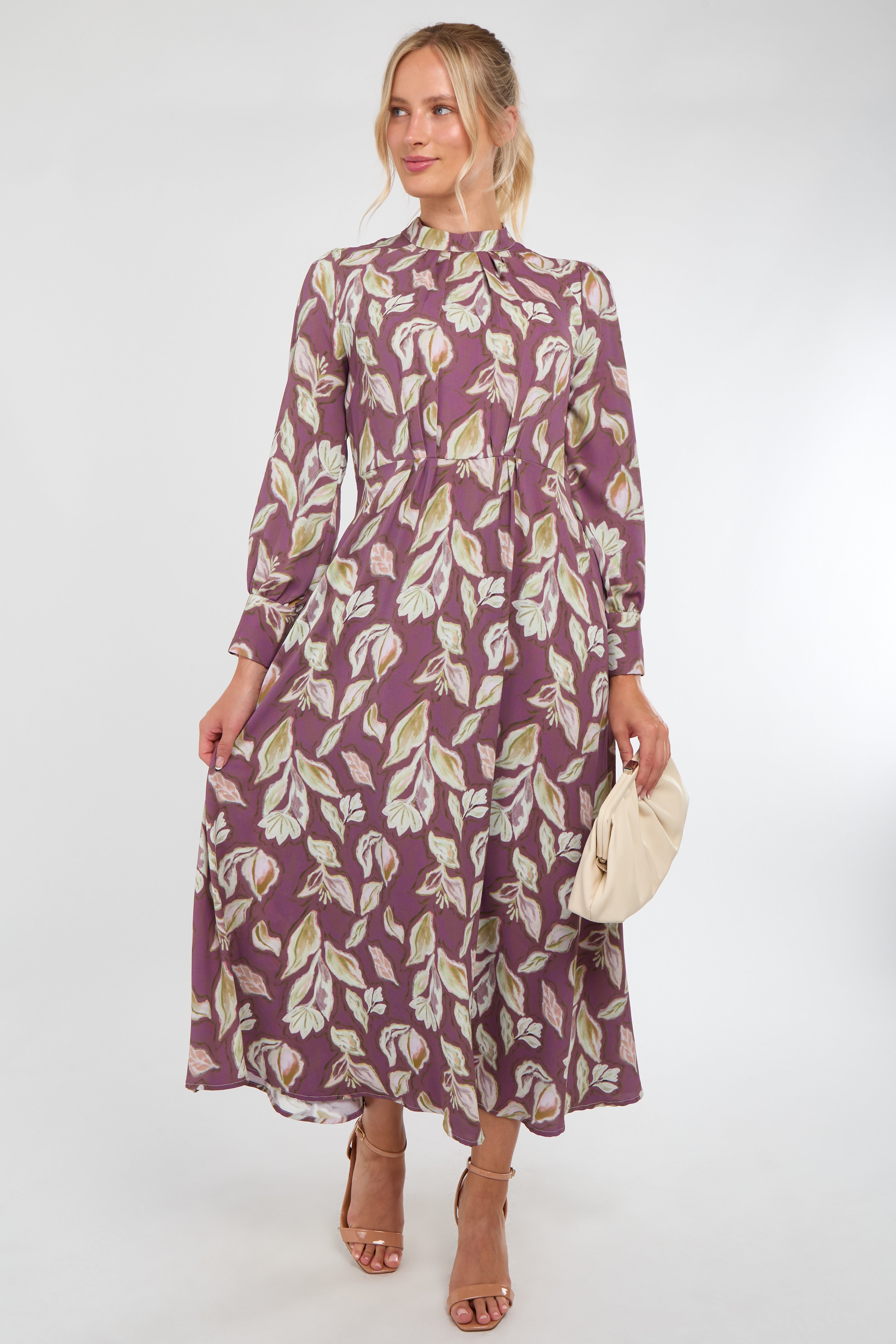 Dusky Purple Leaf Print Pleated Skirt Maxi Dress
