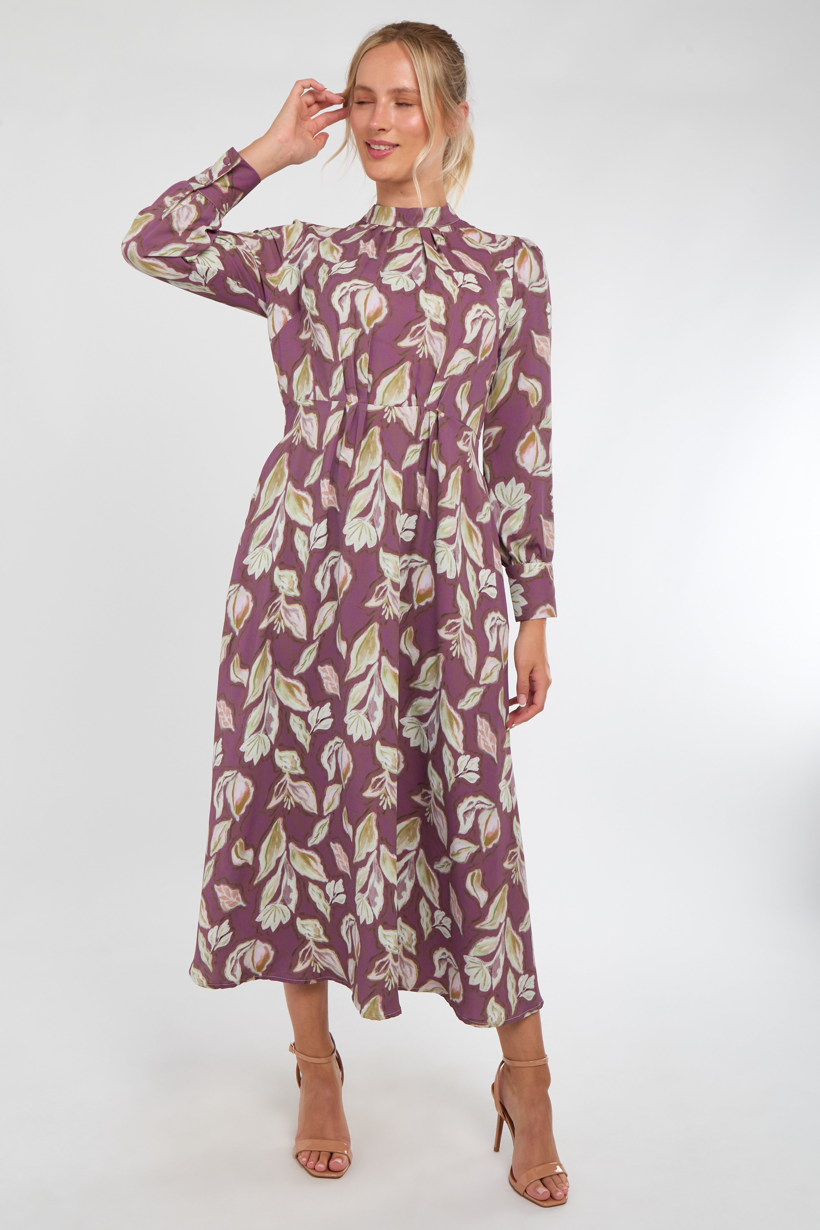 Dusky Purple Leaf Print Pleated Skirt Maxi Dress