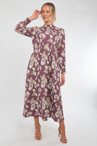 Dusky Purple Leaf Print Pleated Skirt Maxi Dress