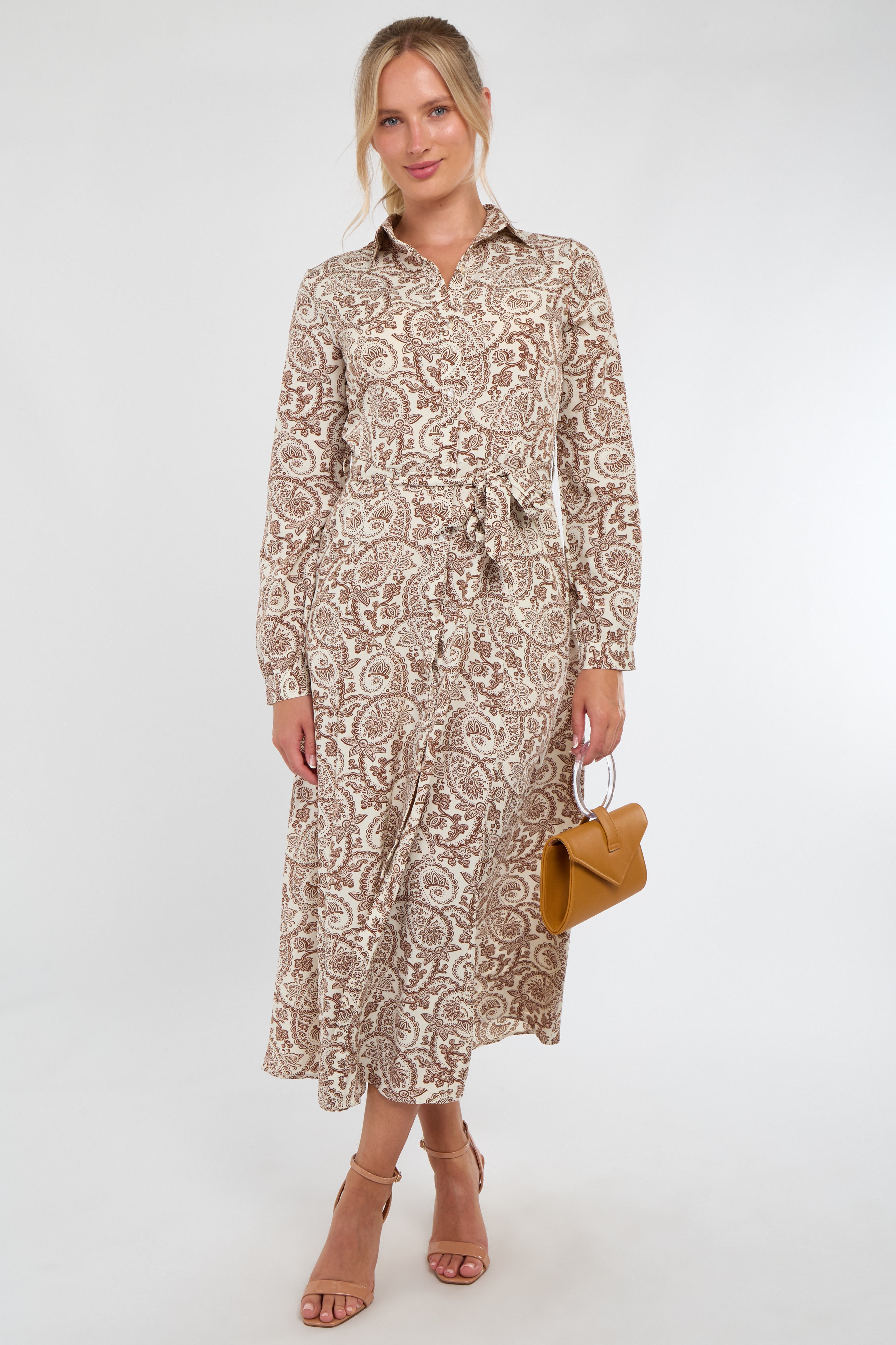Camel and White Paisley Print Maxi Shirt Dress