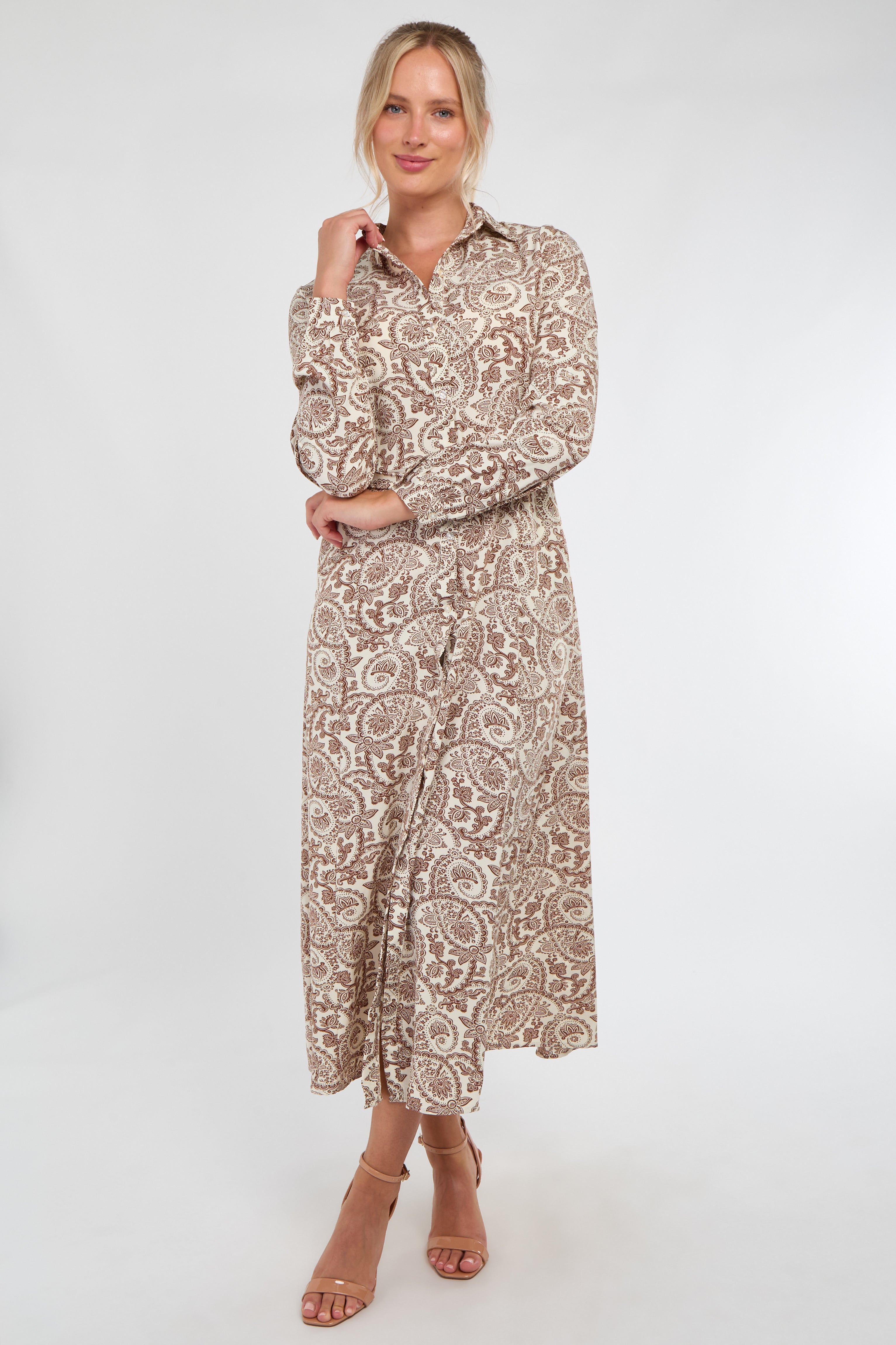 Camel and White Paisley Print Maxi Shirt Dress