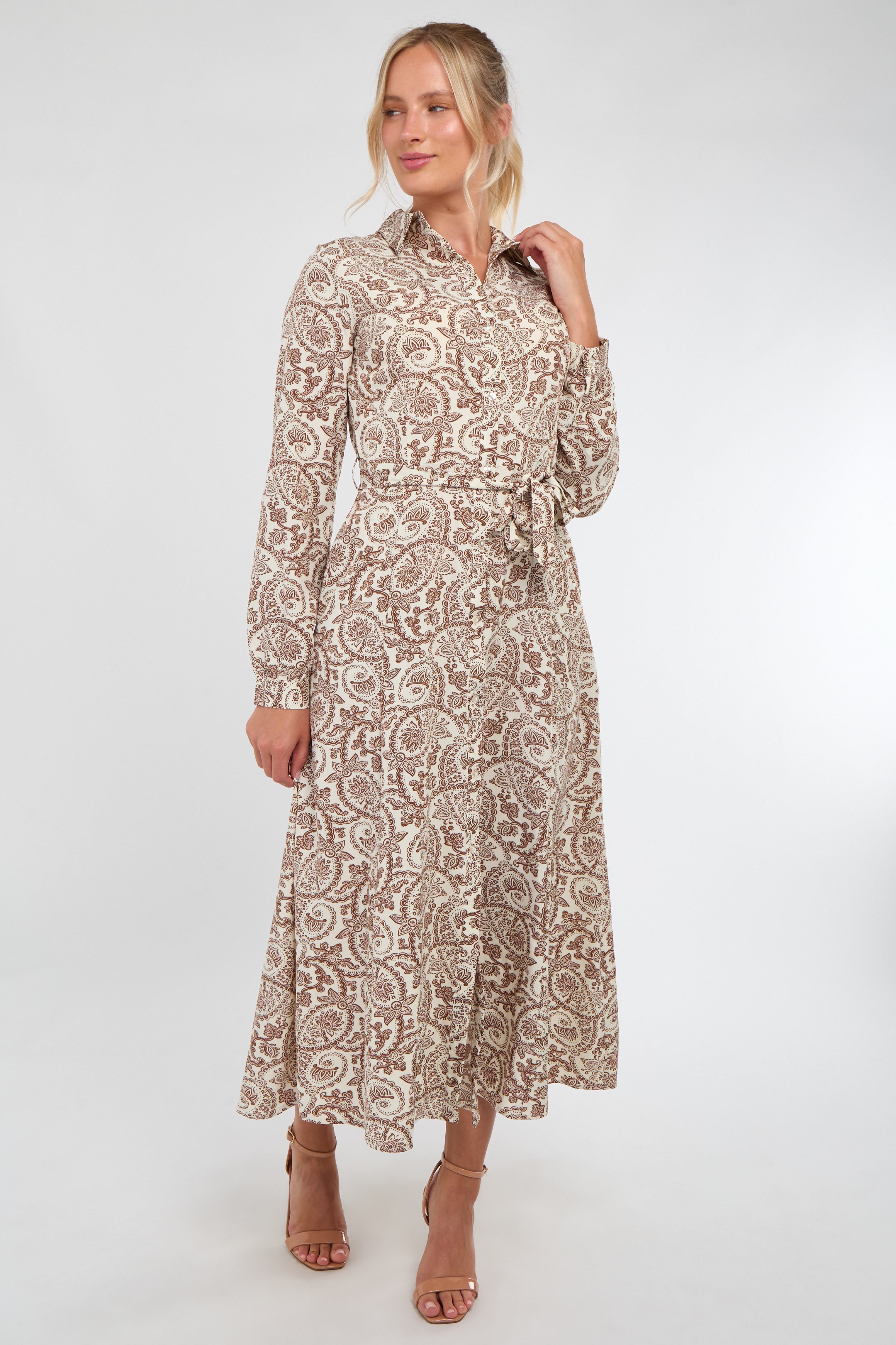 Camel and White Paisley Print Maxi Shirt Dress