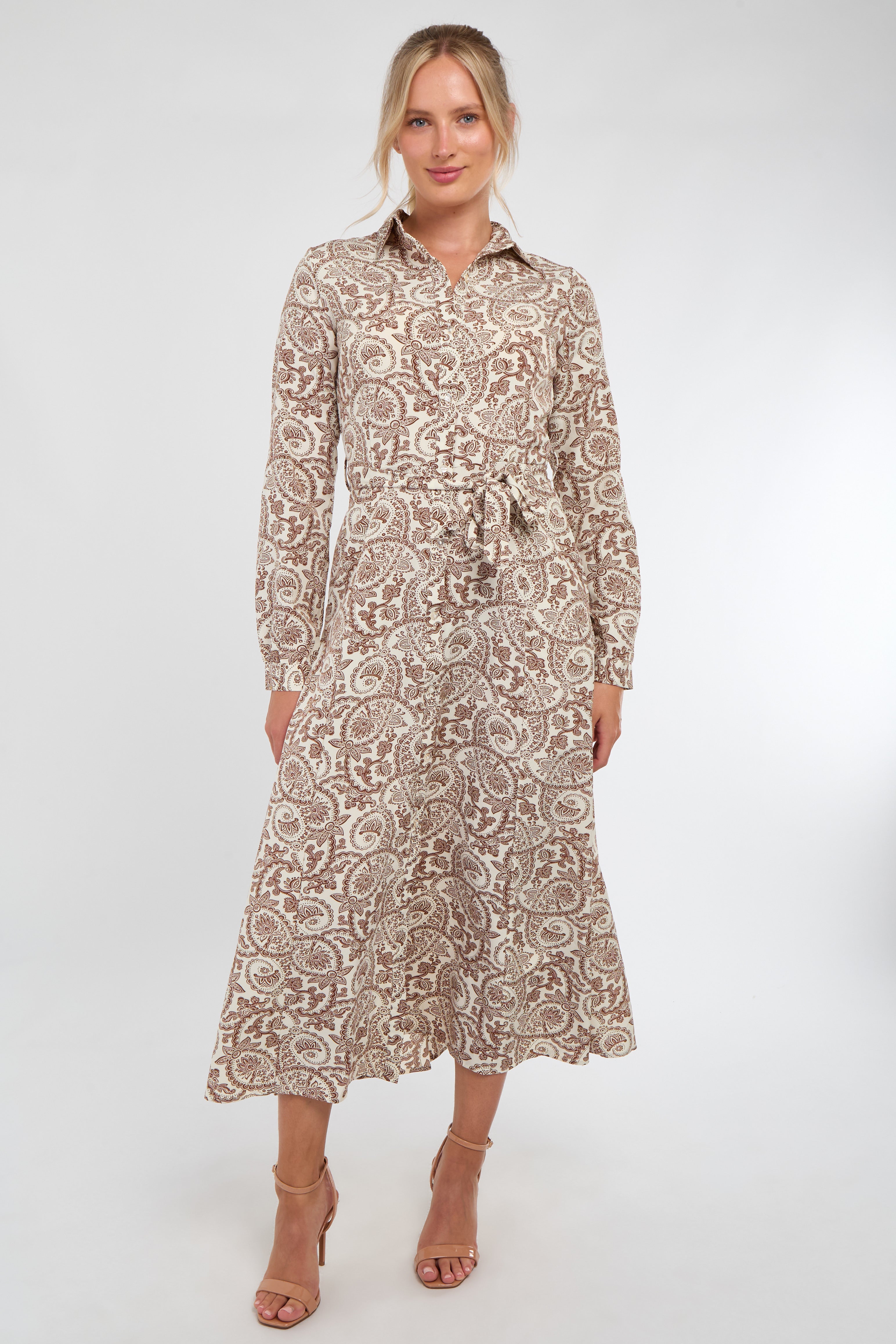 Camel and White Paisley Print Maxi Shirt Dress