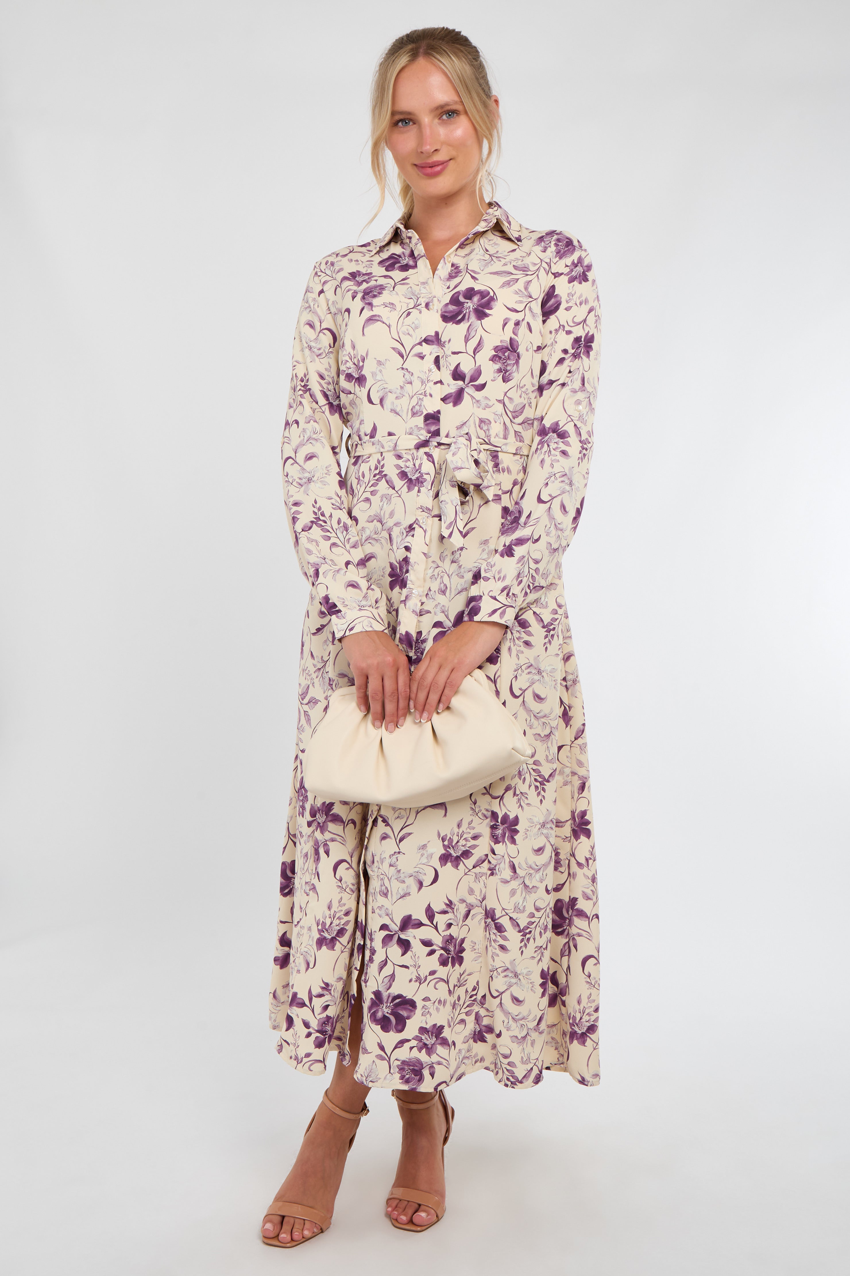 Cream and Purple Botanical Print Maxi Shirt Dress