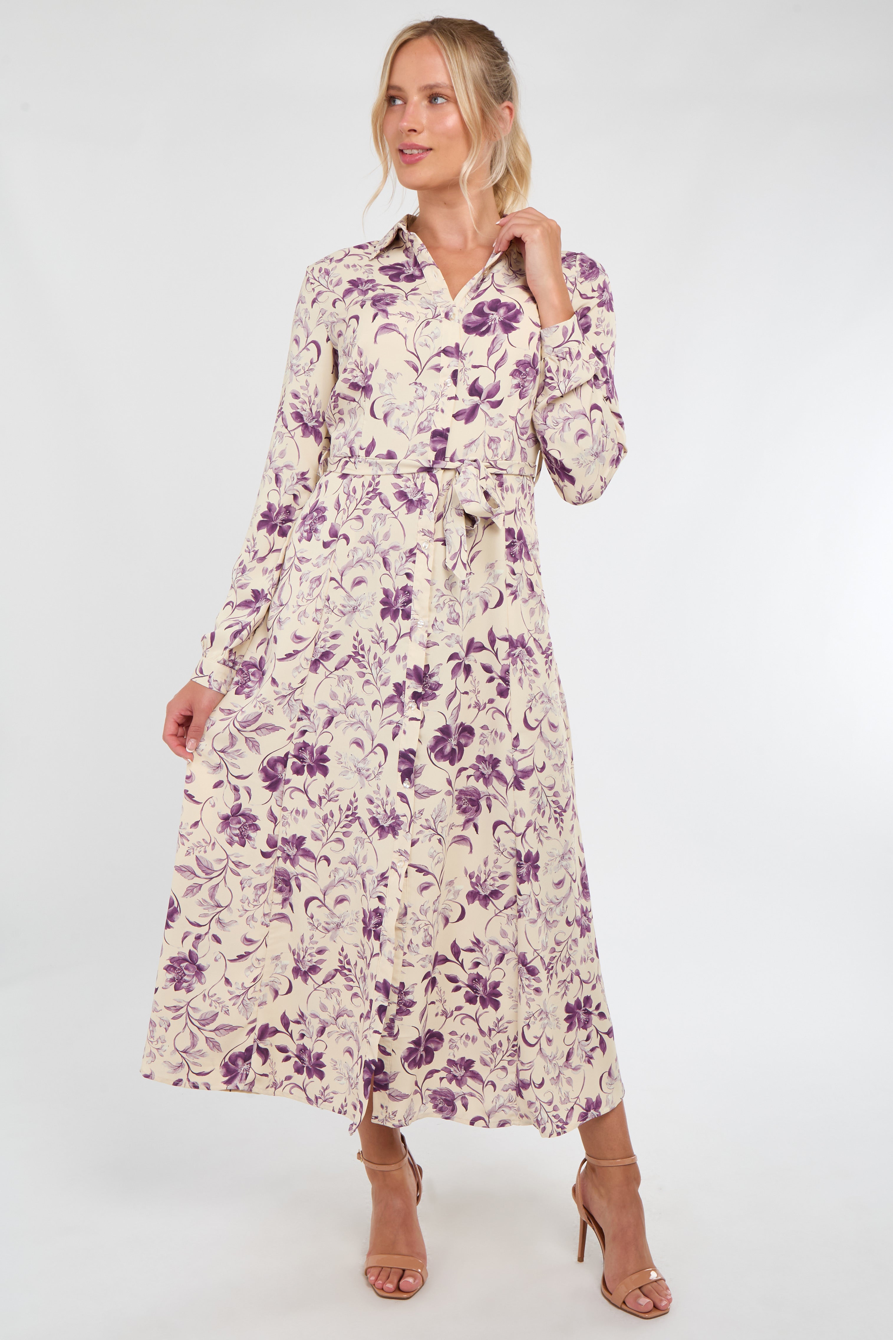 Cream and Purple Botanical Print Maxi Shirt Dress
