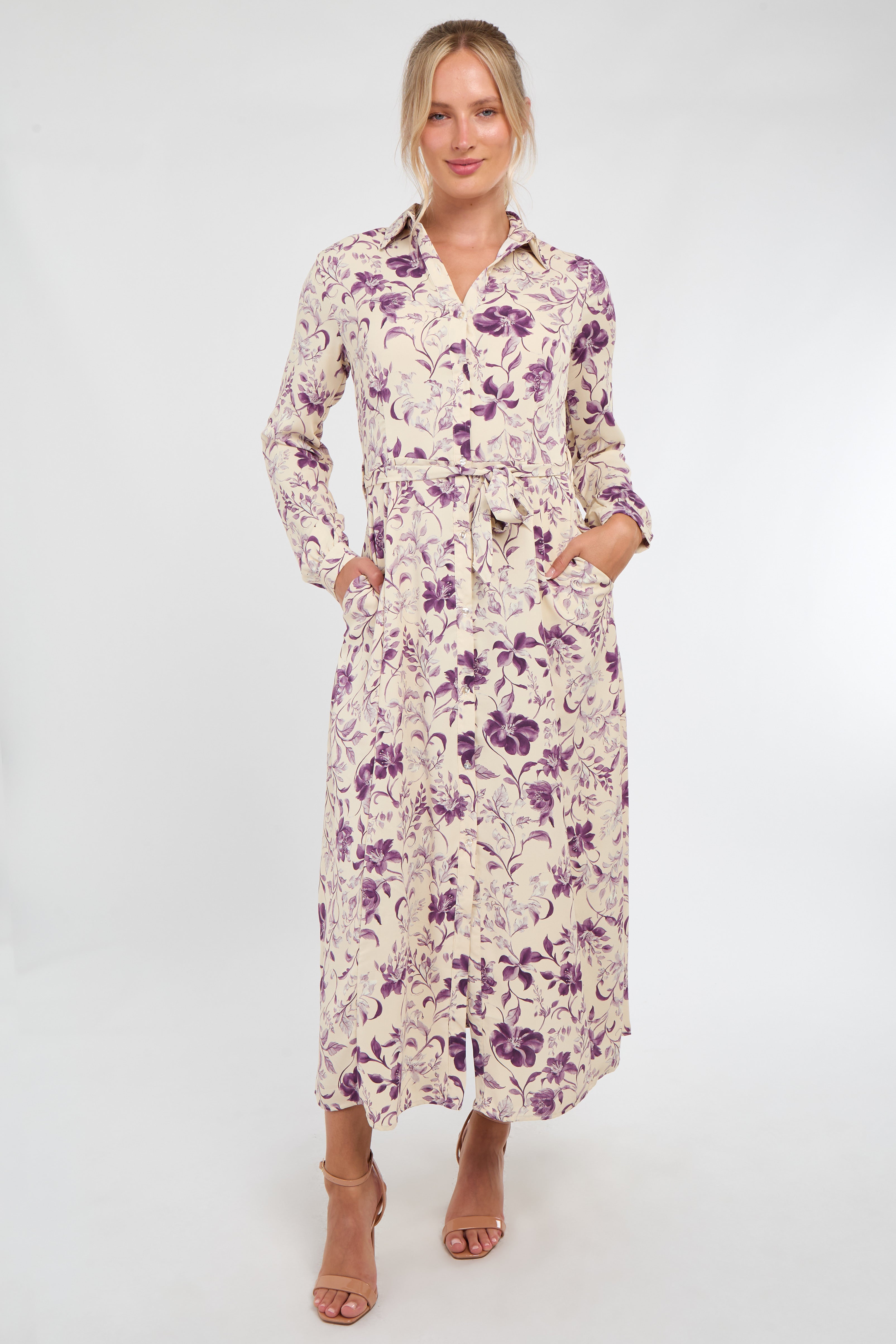 Cream and Purple Botanical Print Maxi Shirt Dress