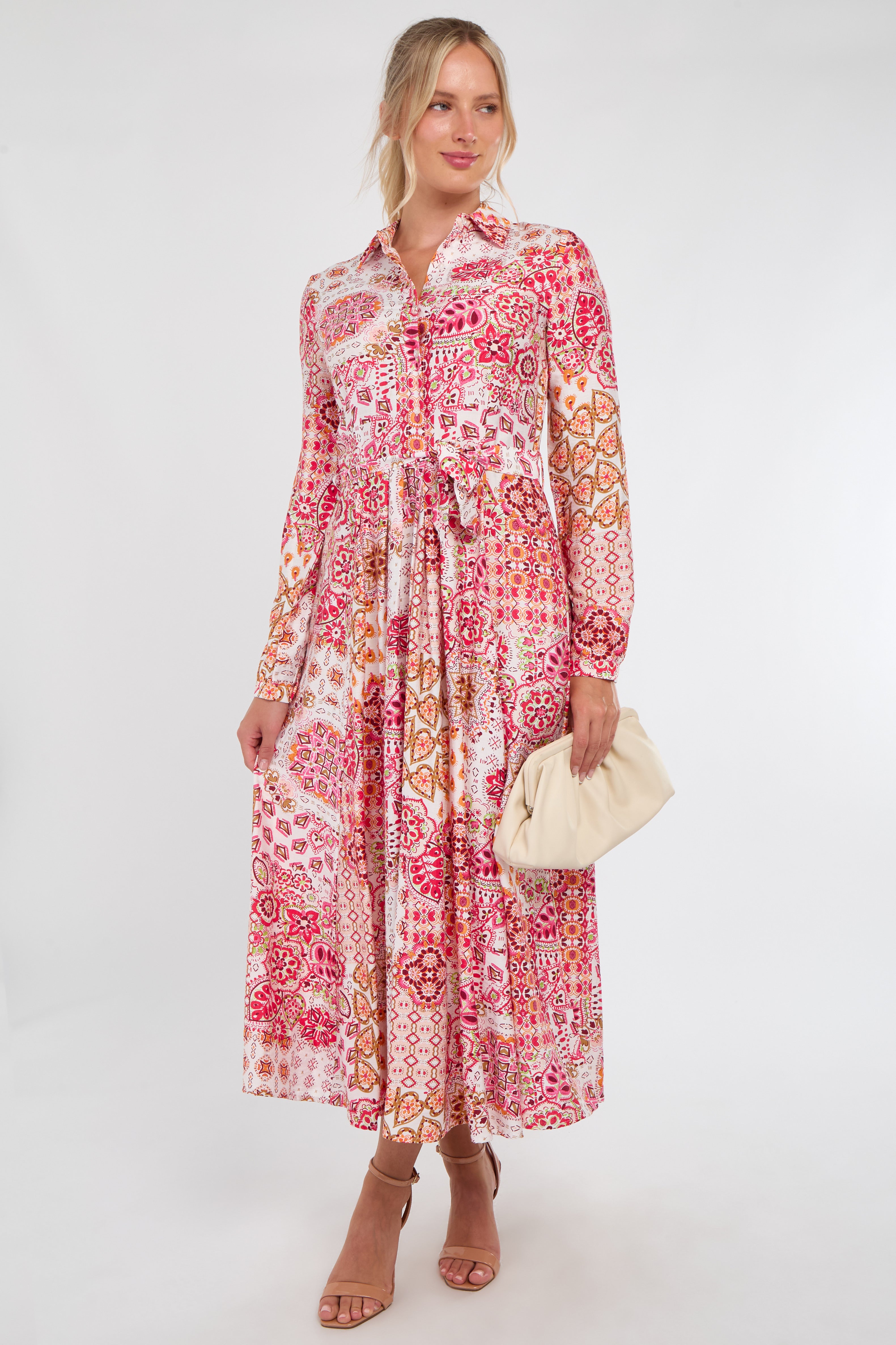 Pink and Orange Tile Print Maxi Shirt Dress