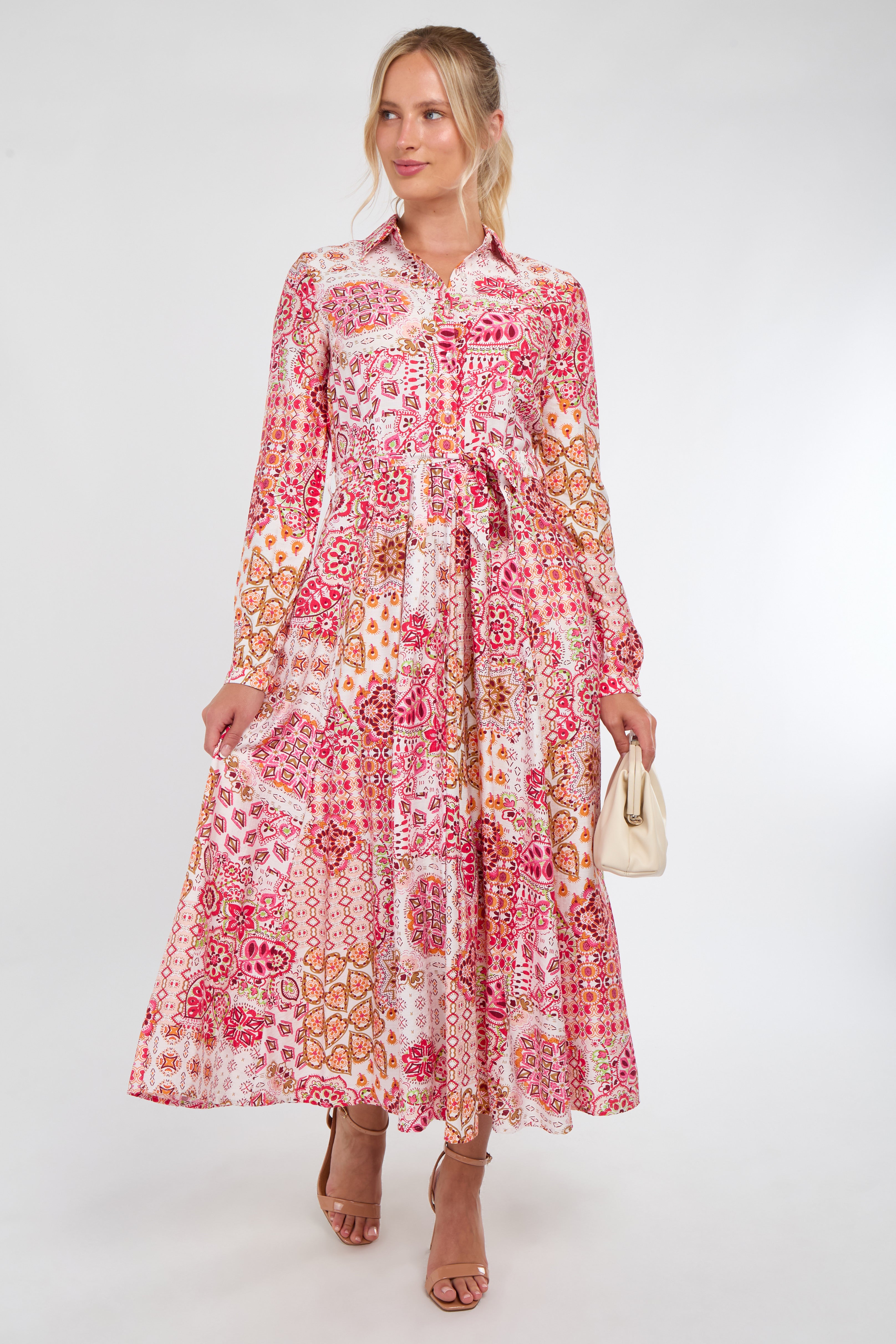 Pink and Orange Tile Print Maxi Shirt Dress