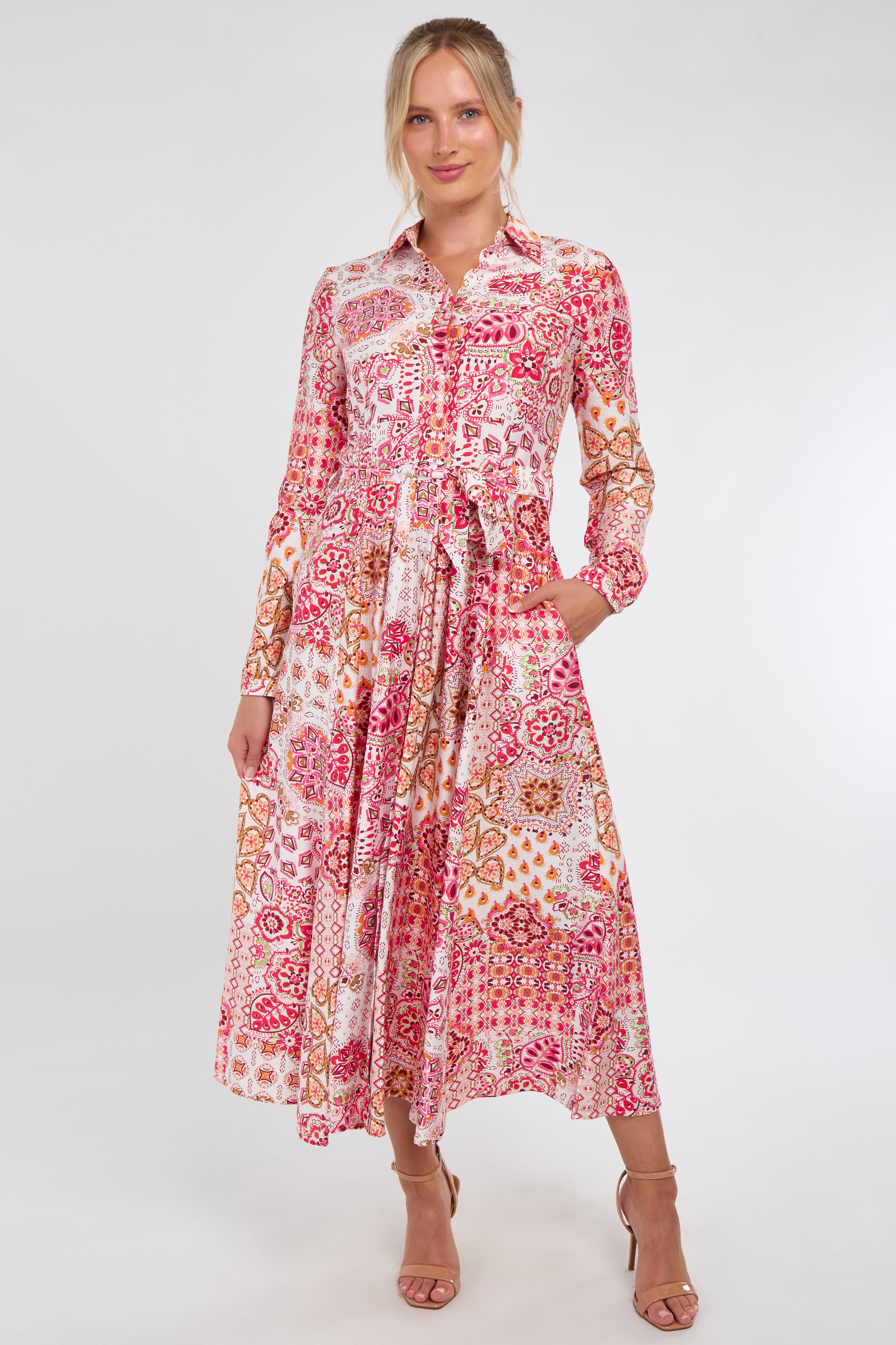 Pink and Orange Tile Print Maxi Shirt Dress