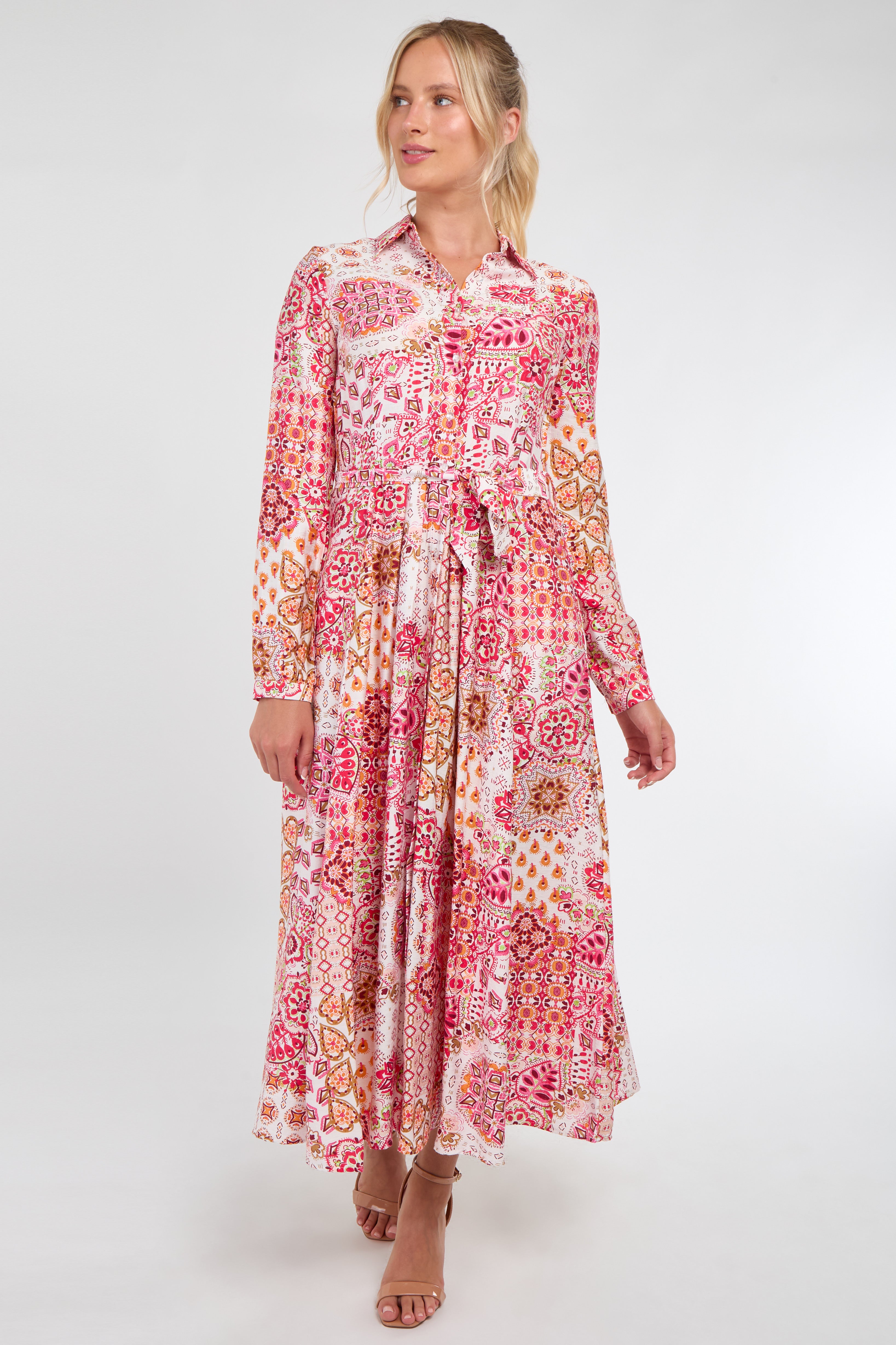 Pink and Orange Tile Print Maxi Shirt Dress