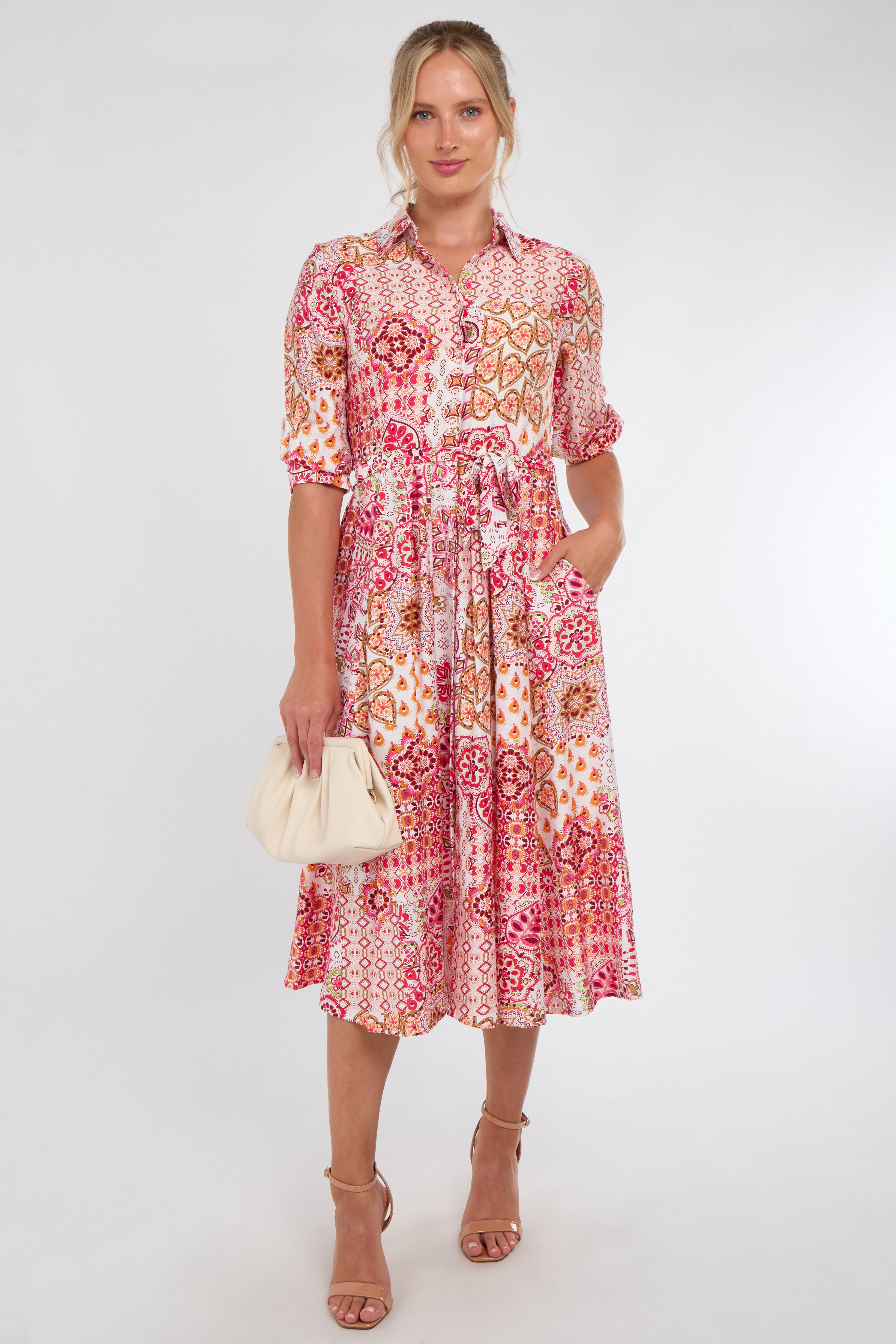 Pink Tile Print Half Sleeve Midi Shirt Dress