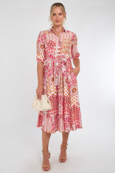 Pink Tile Print Half Sleeve Midi Shirt Dress