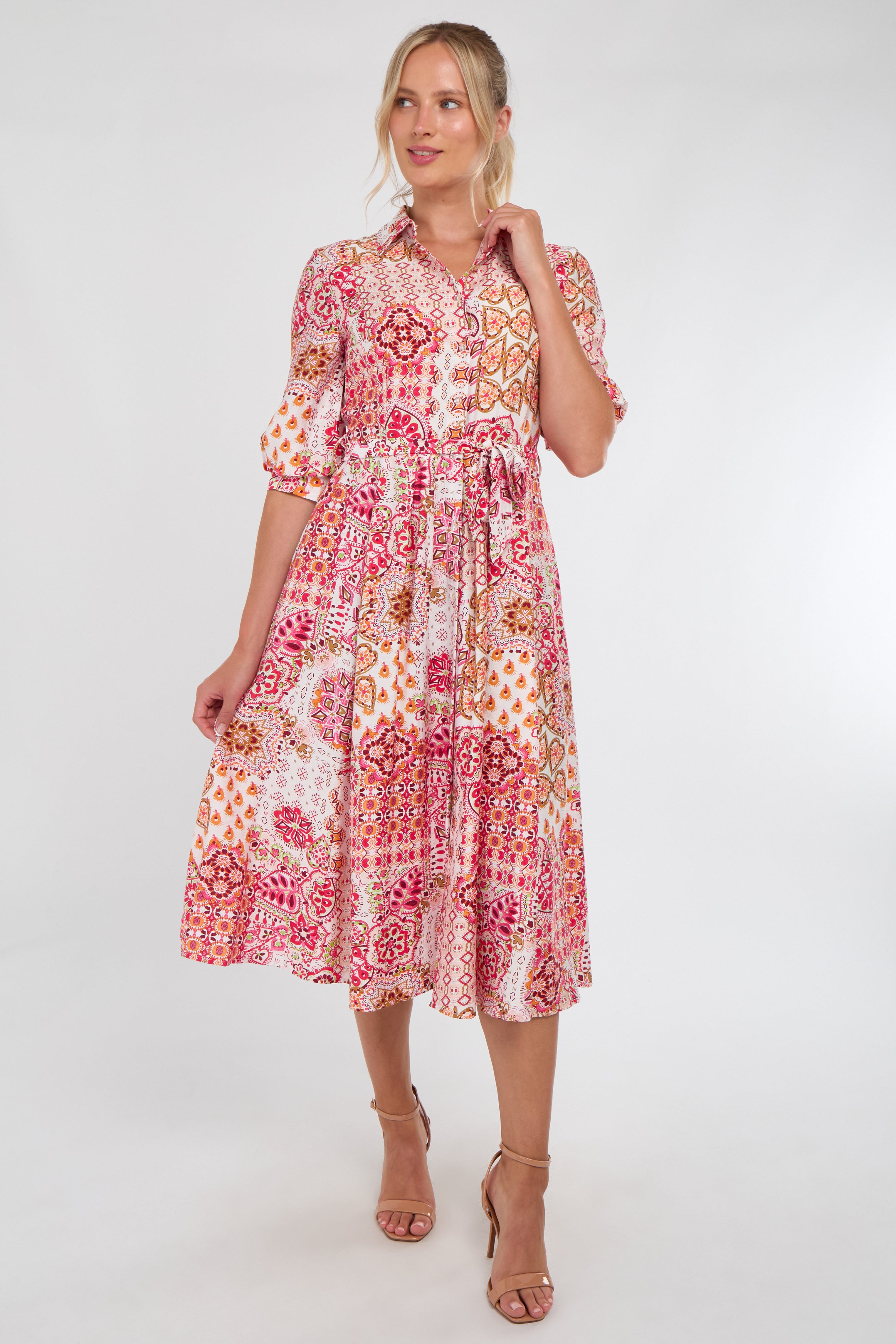 Pink Tile Print Half Sleeve Midi Shirt Dress