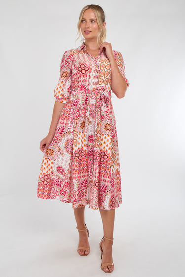 Pink Tile Print Half Sleeve Midi Shirt Dress