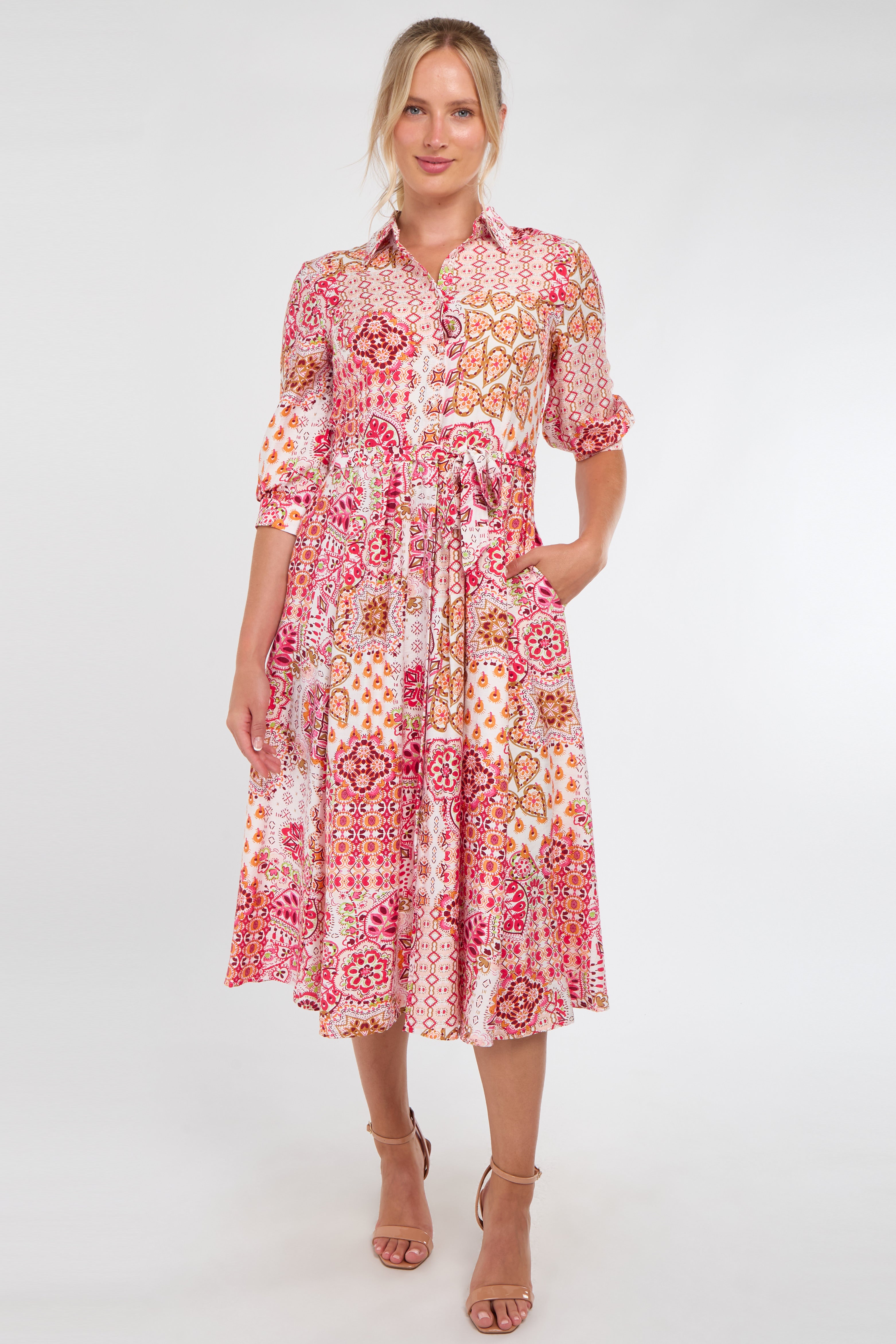 Pink Tile Print Half Sleeve Midi Shirt Dress