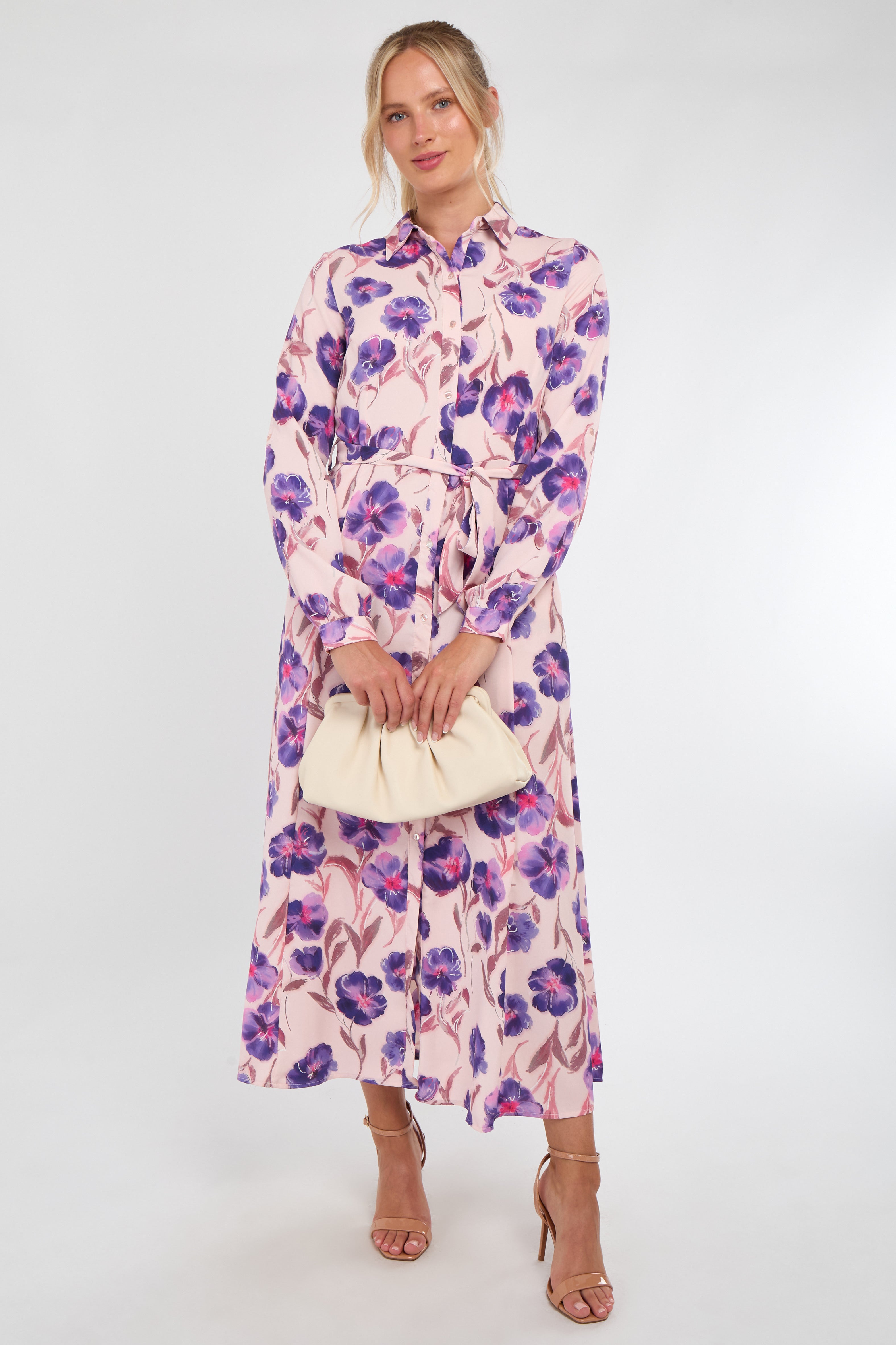 Purple Floral Print Blush Maxi Shirt Dress