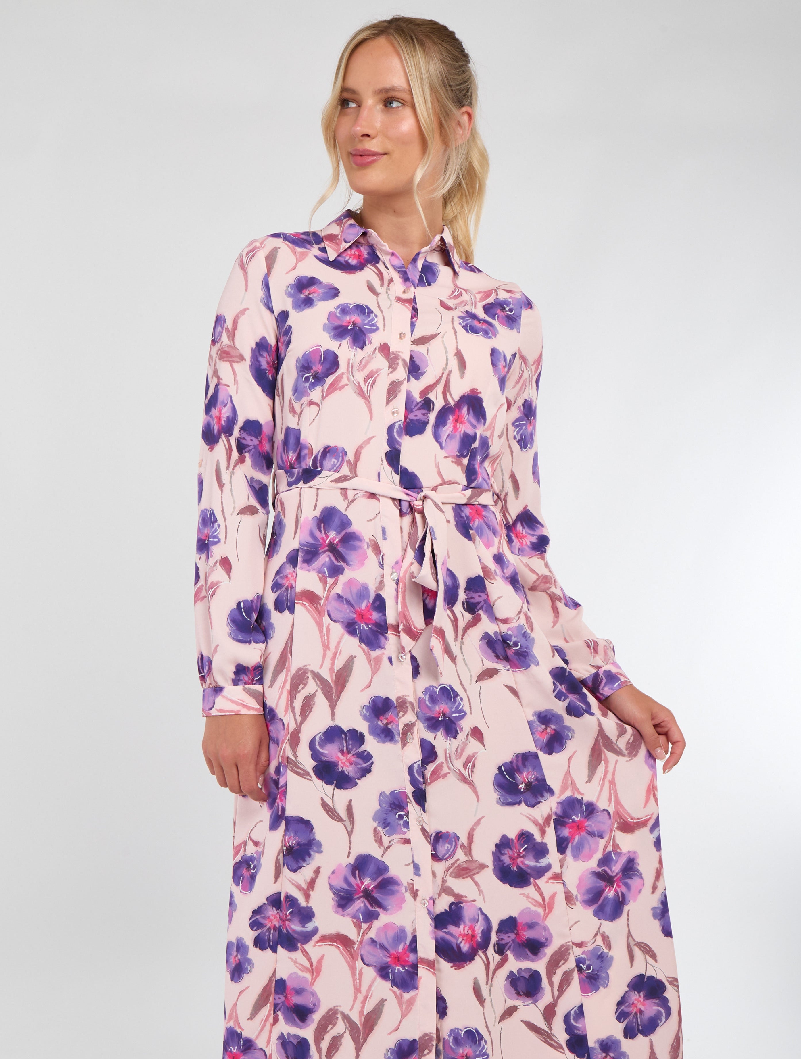 Purple Floral Print Blush Maxi Shirt Dress